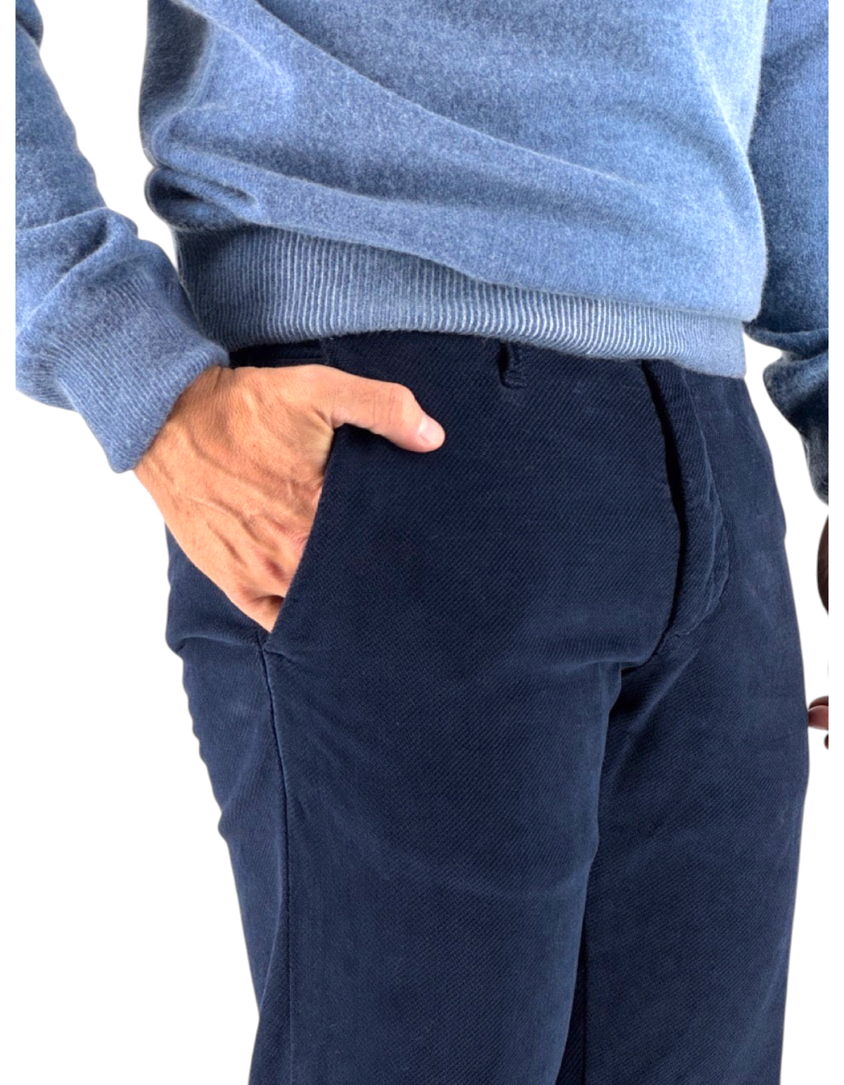Devid Label Chester in velluto diagonale blu, vestibilità slim fit e fondo ispirazione Capri