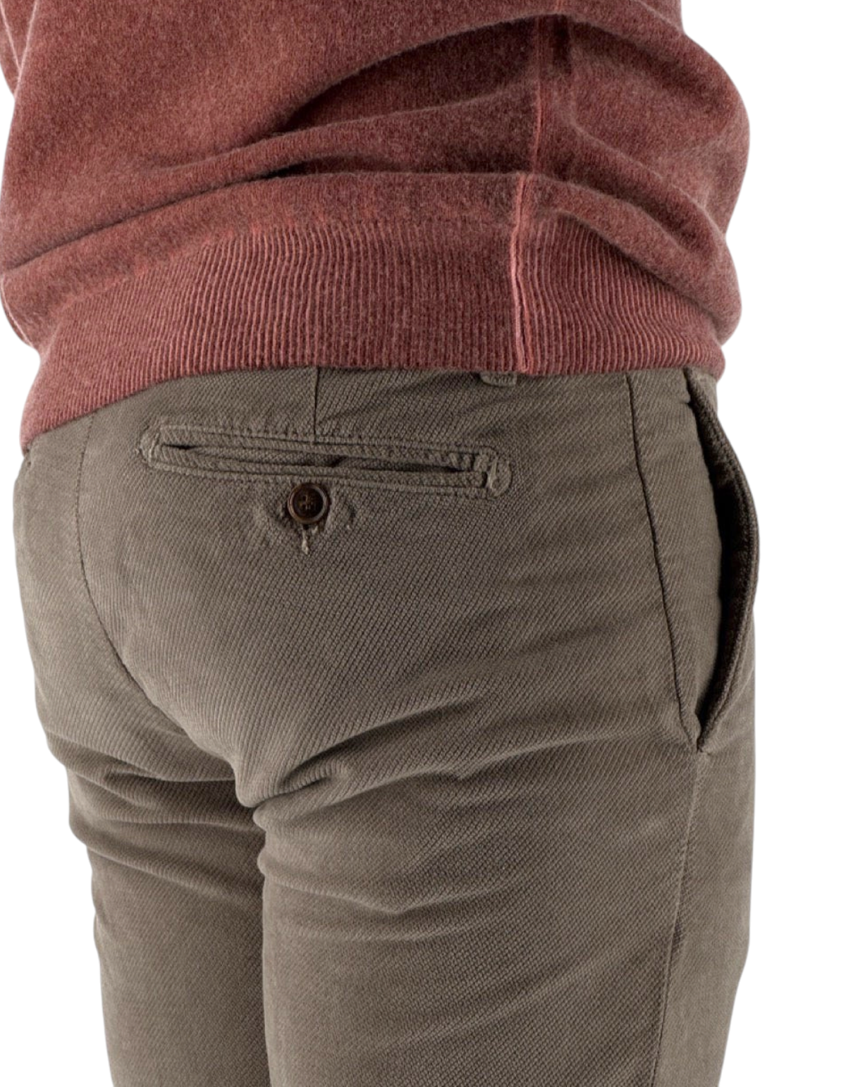 Pantalone uomo Chester color fango in velluto diagonale, dettaglio sartoriale
