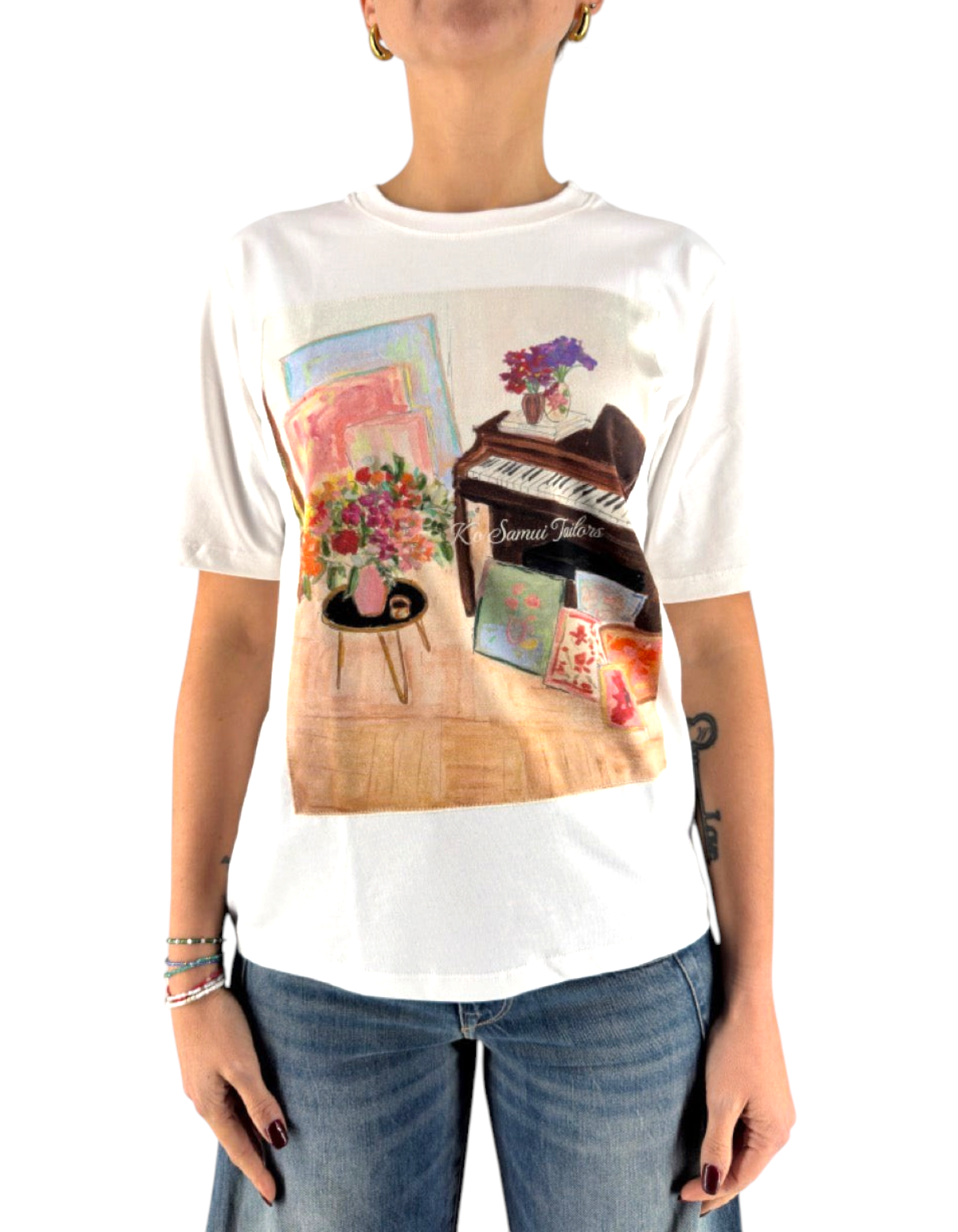 T-shirt DevidLabel Ko Samui Tailors color crema in cotone con stampa artistica effetto velluto e vestibilità over fit