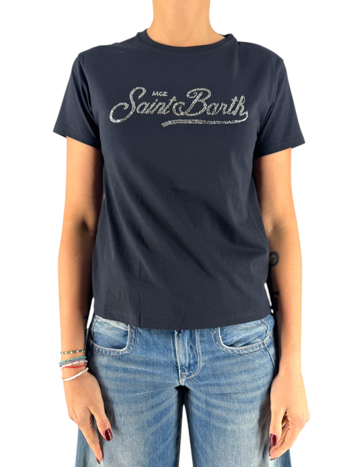 T-shirt nera da donna DevidLabel modello Emilie W in cotone con logo Saint Barth in strass scintillanti