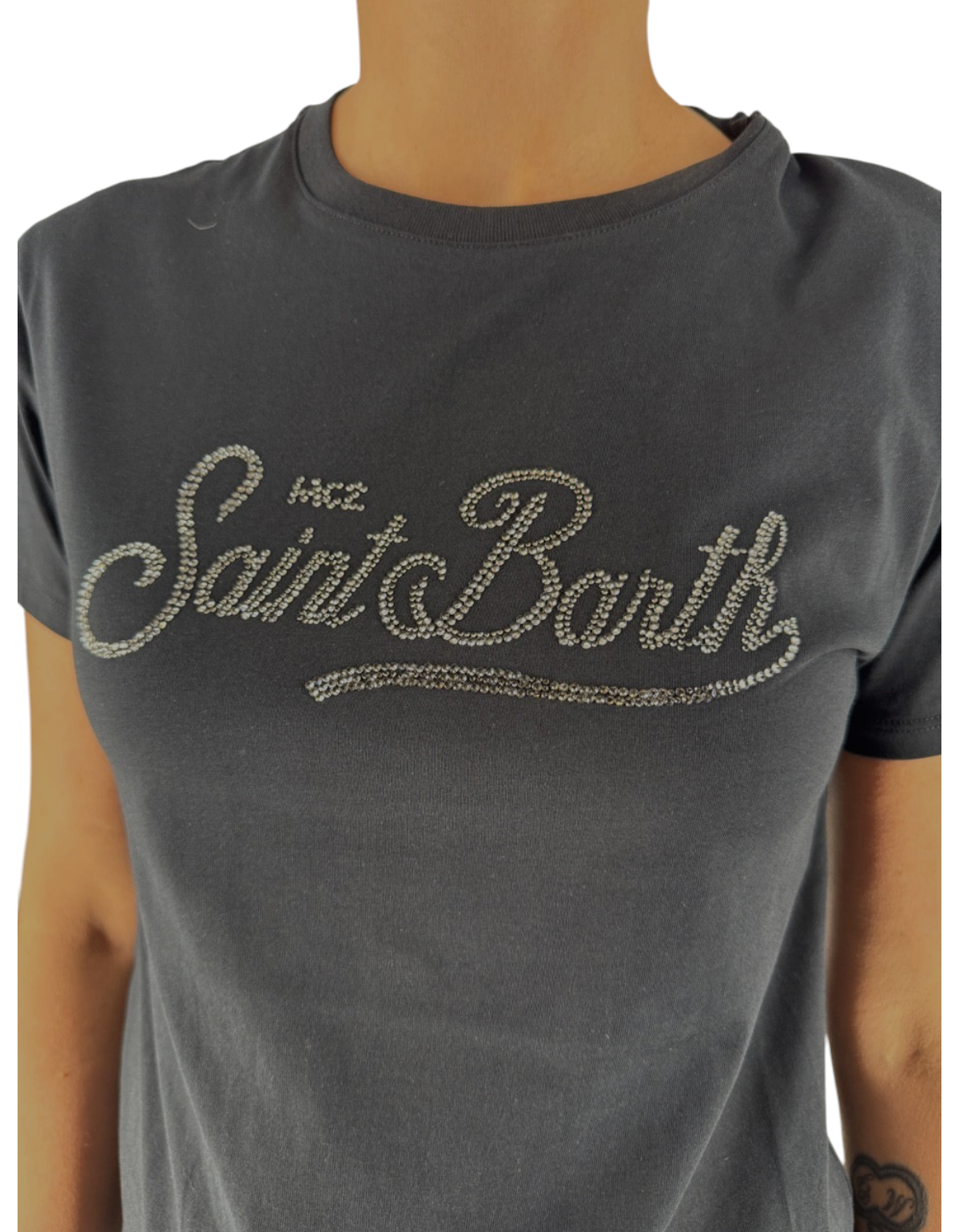 T-shirt DevidLabel Emilie W in cotone grigio con logo Saint Barth in strass scintillanti sul petto