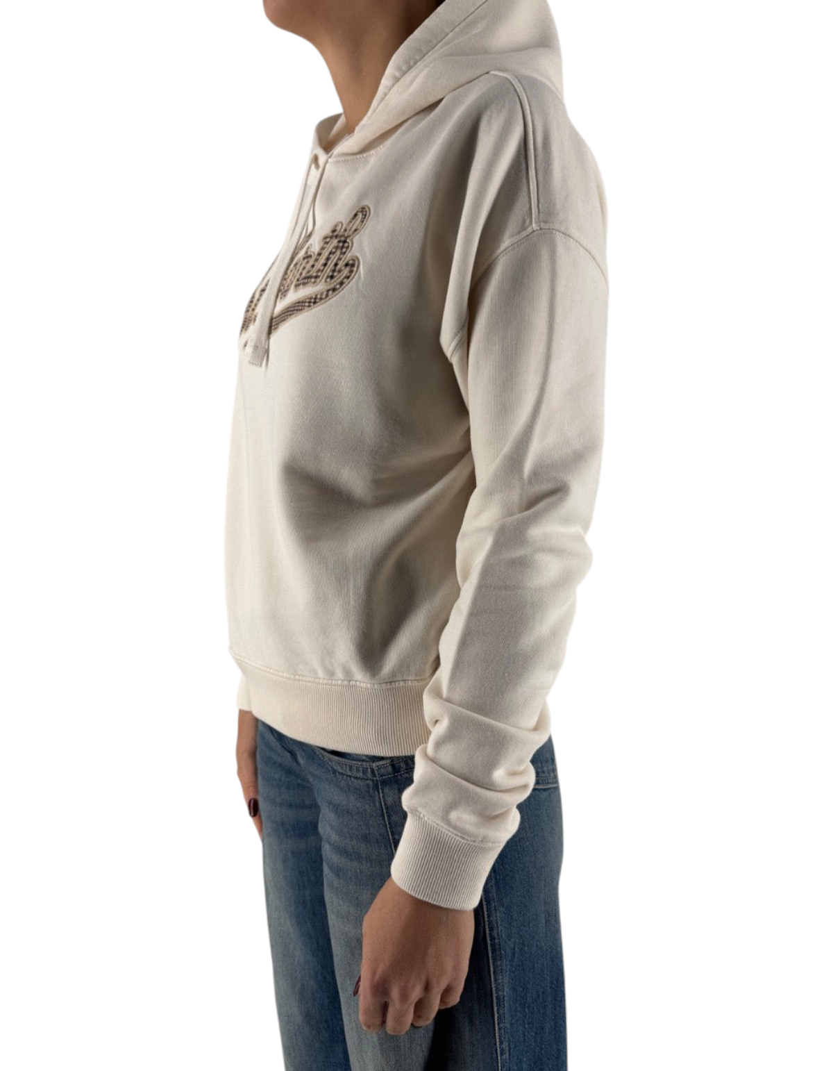 Felpa con cappuccio DevidLabel Mindy W color crema in cotone con logo ricamato tartan, vista laterale
