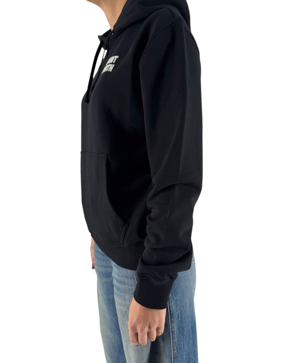 Felpa con cappuccio DevidLabel Virginia nera in cotone con logo bianco a contrasto, vista laterale