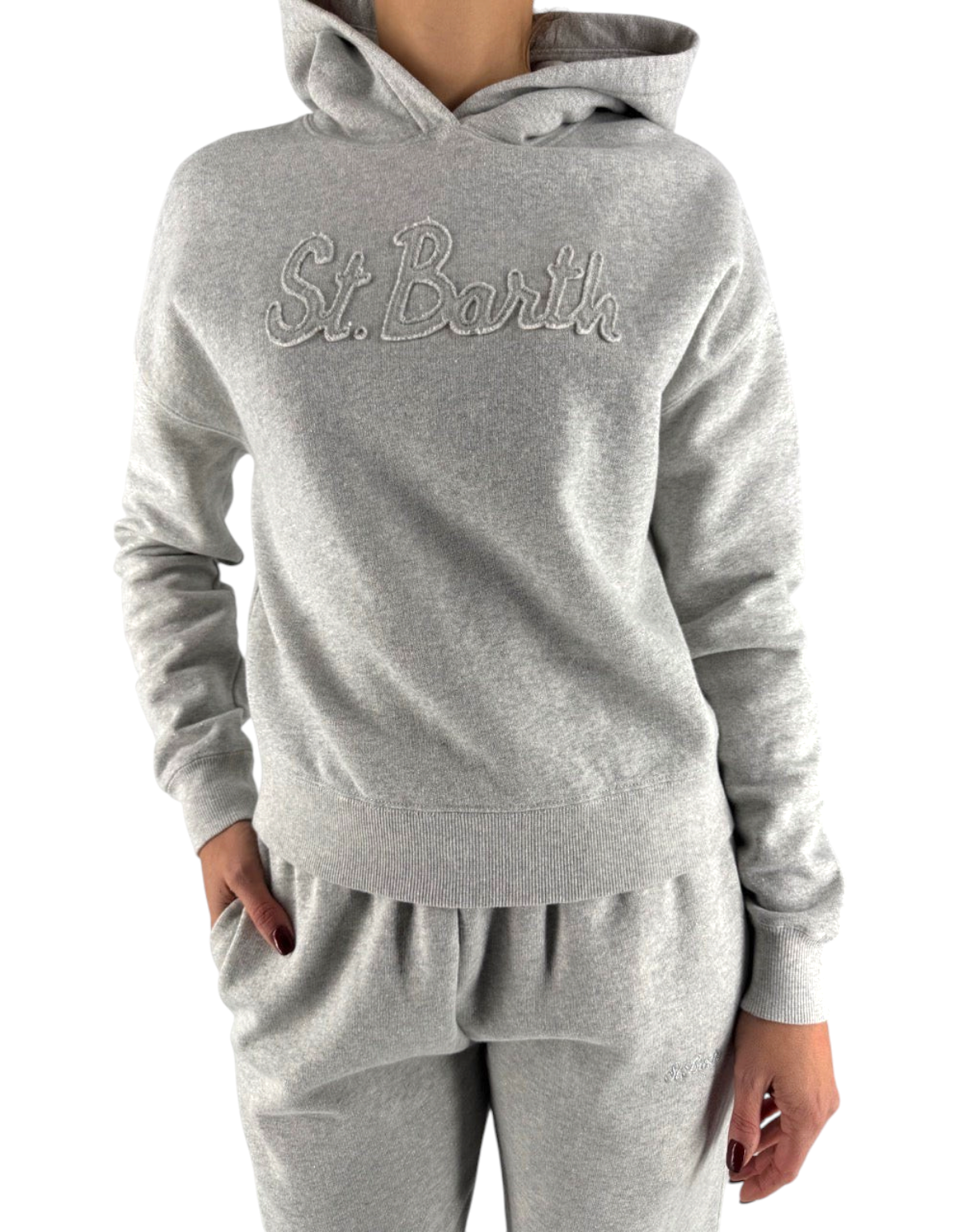 Felpa DevidLabel Mindy W Lurex grigia con cappuccio e scritta St Barth ricamata in rilievo sul petto