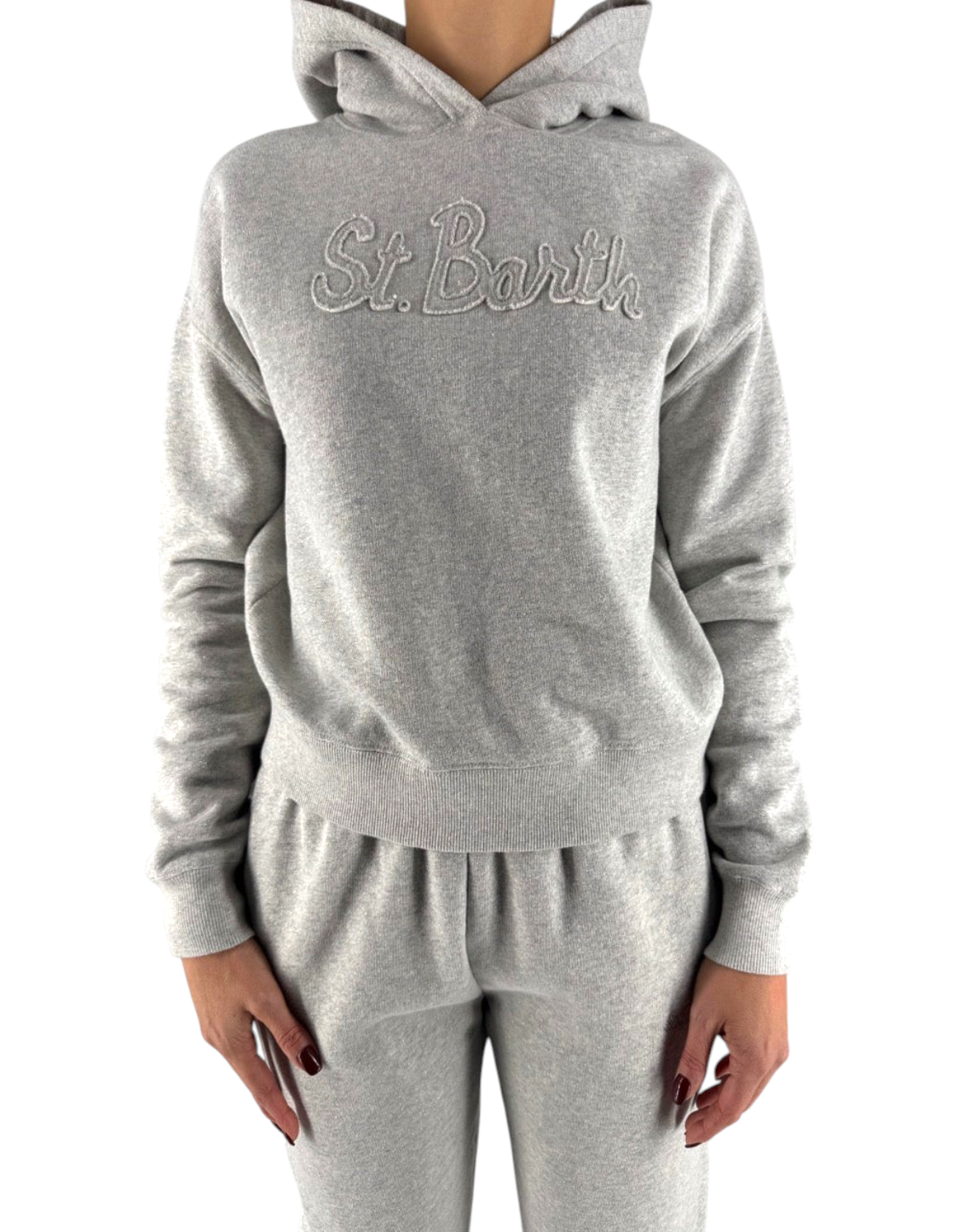 Felpa DevidLabel Mindy W Lurex grigia con cappuccio e scritta St Barth ricamata in rilievo per donna