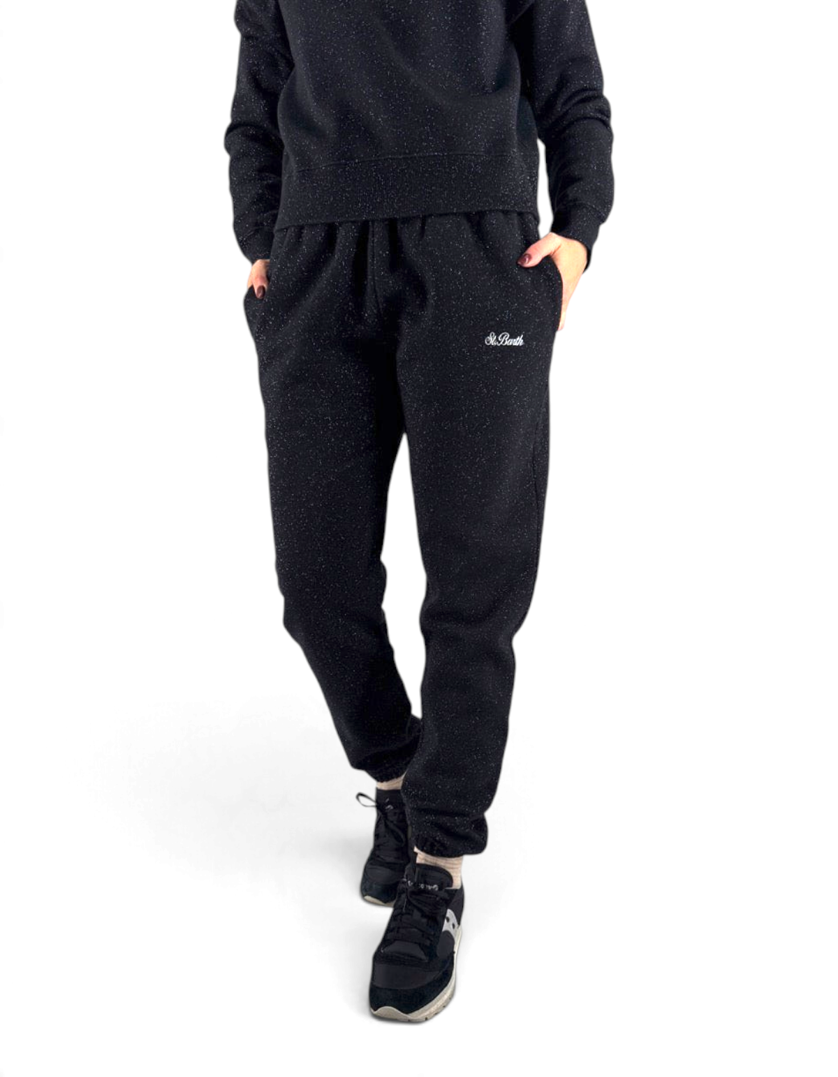 Pantalone donna DevidLabel Odalys W Lurex nero con dettagli glitterati e logo ricamato, vestibilità comoda