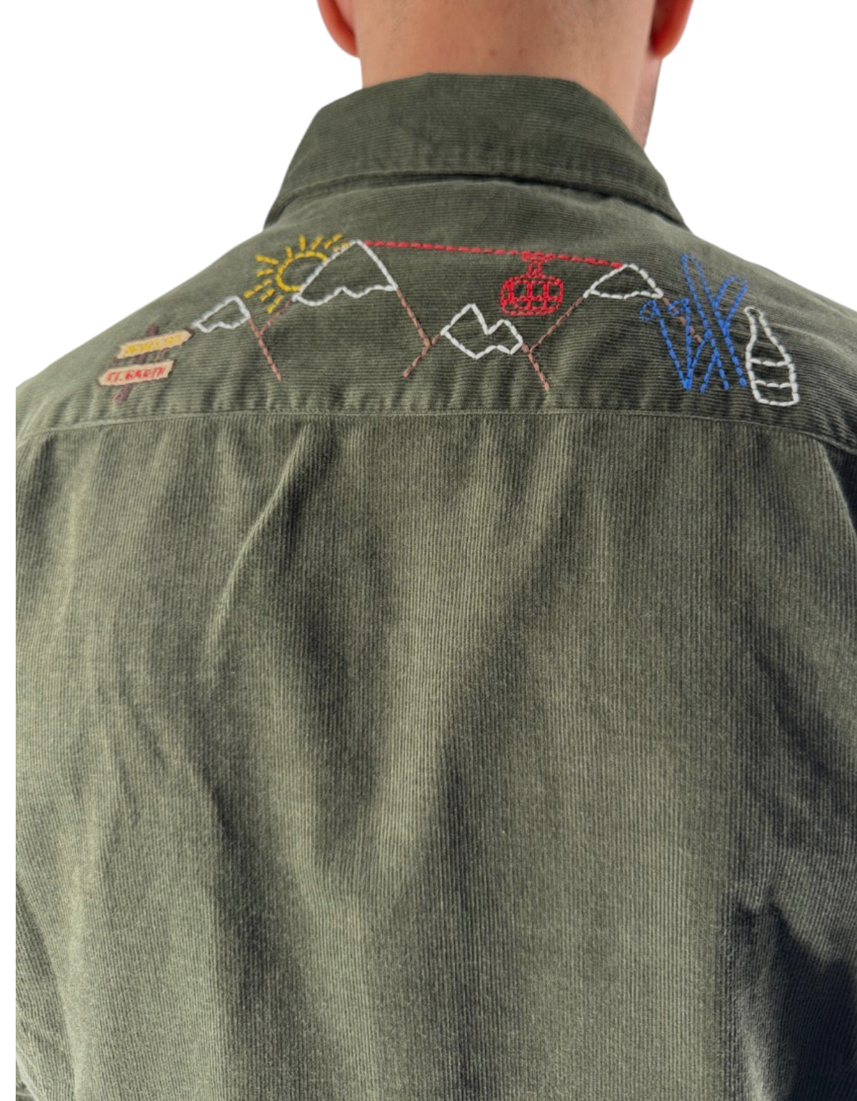 Camicia uomo DevidLabel Seefeld in velluto a coste verde con ricamo a tema montagna sul retro