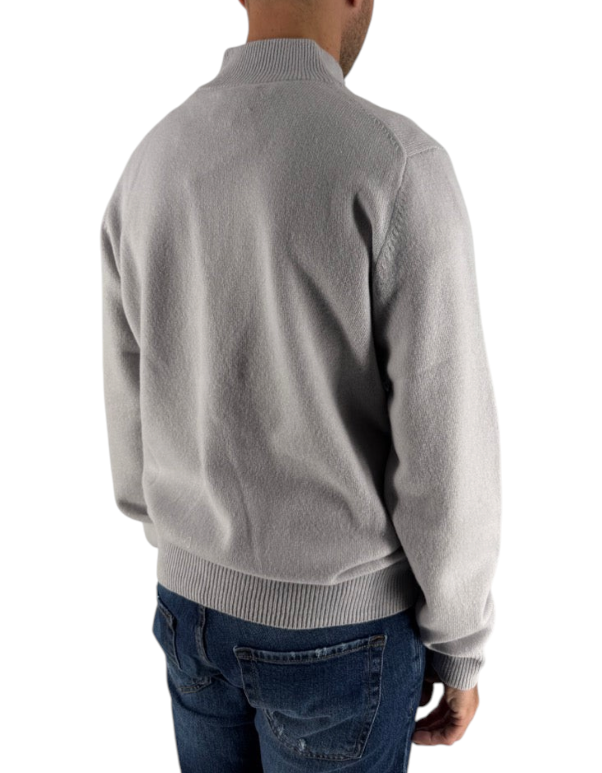 Vista posteriore del maglione DevidLabel Jermyn half-zip in lana d'agnello color pietra con collo alto a coste