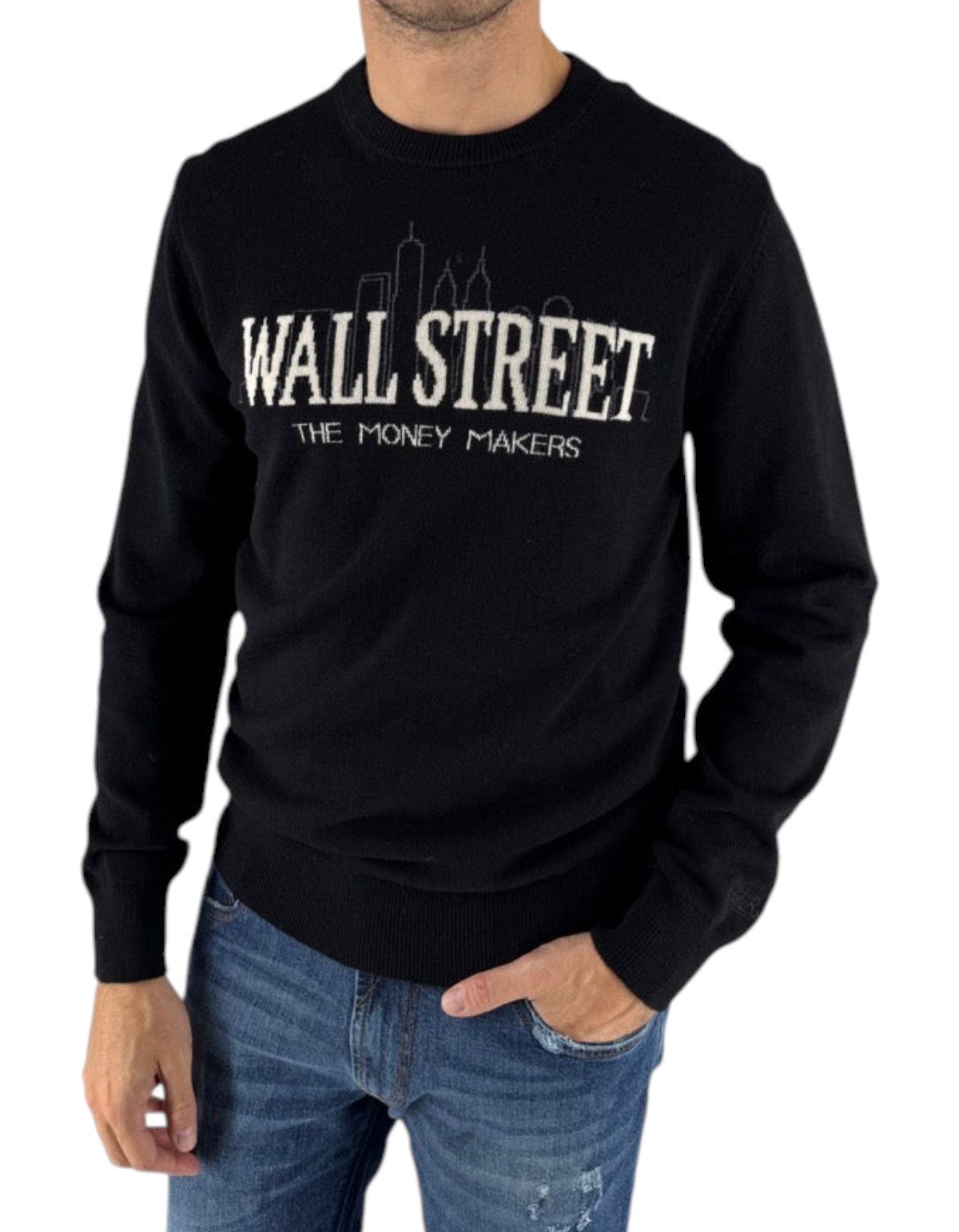 Maglione nero DevidLabel Heron Light con scritta Wall Street e grafica skyline, girocollo in maglia per uomo