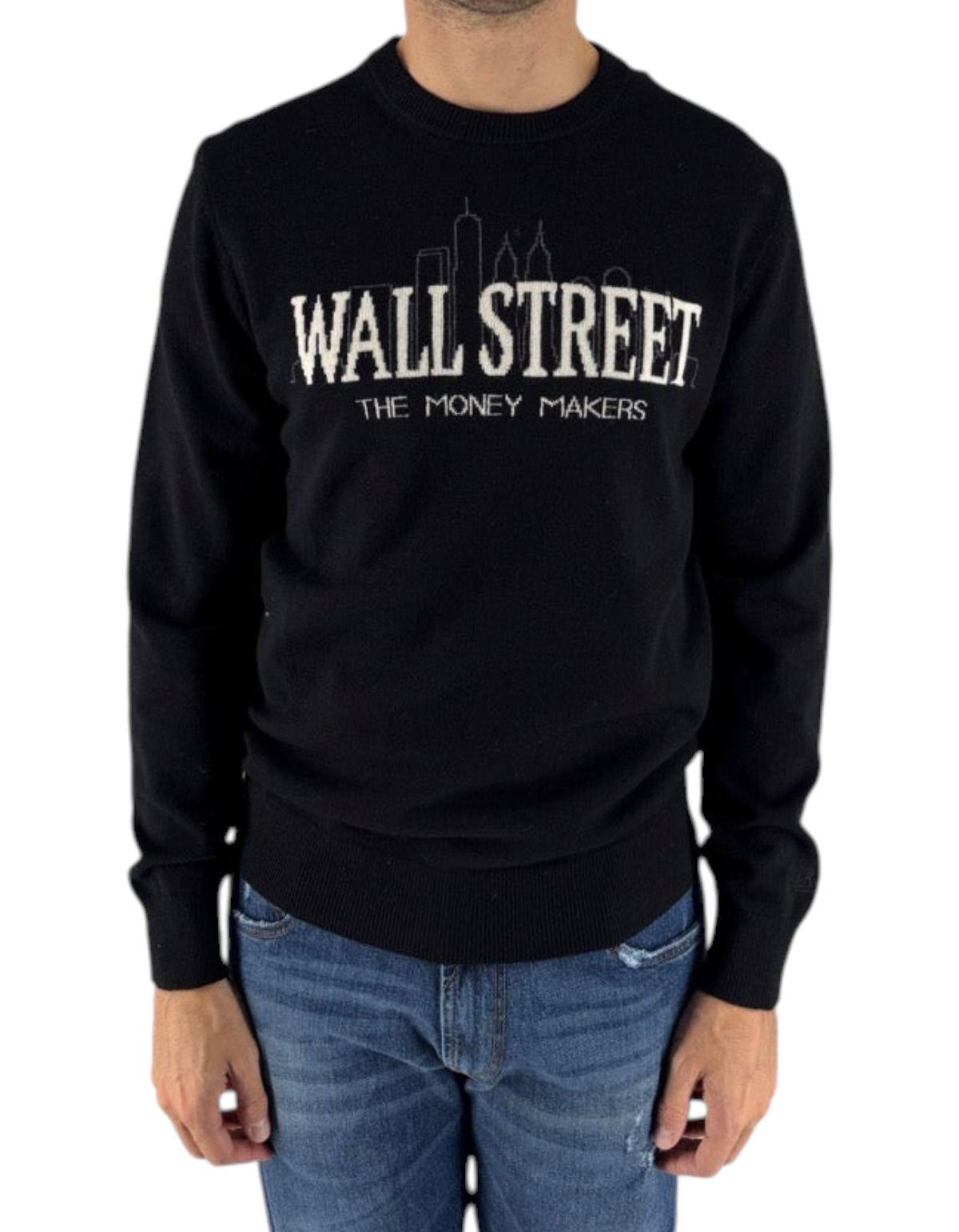 Maglione DevidLabel MC2 Saint Barth Heron Light nero con scritta Wall Street e grafica skyline sul petto