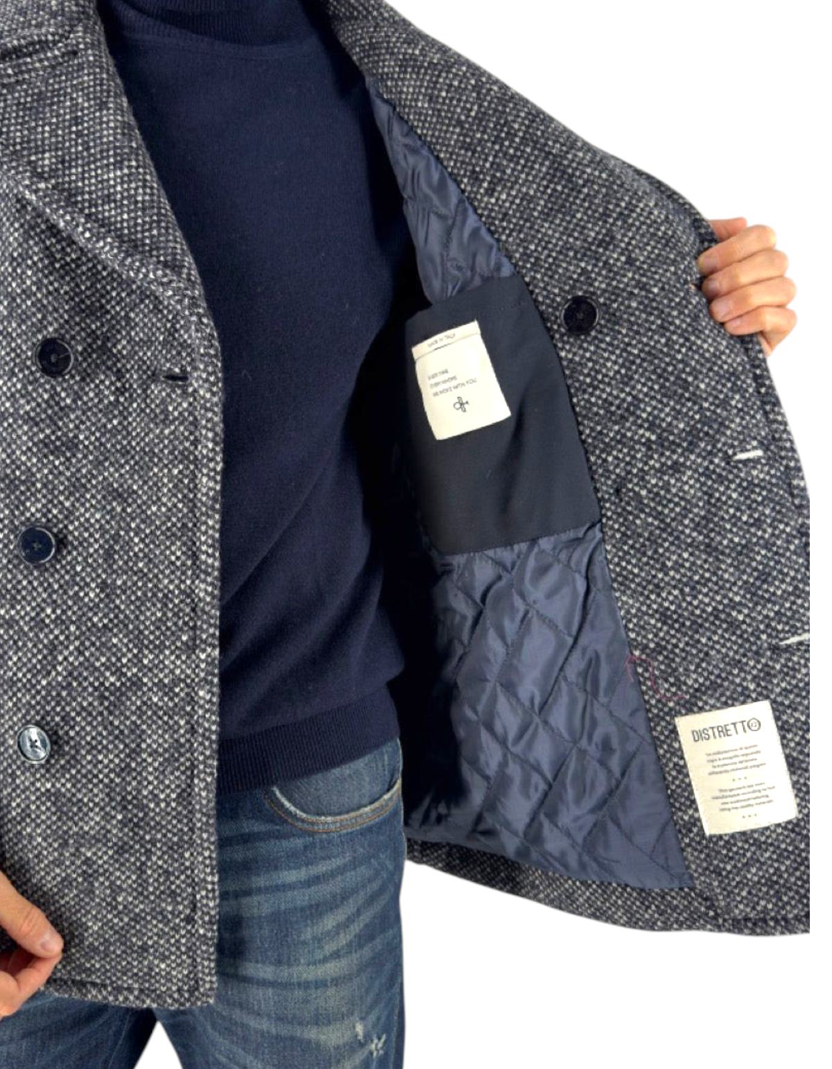 Peacoat Distretto 12 Blasius in misto lana blu oceano con interno trapuntato e chiusura doppiopetto