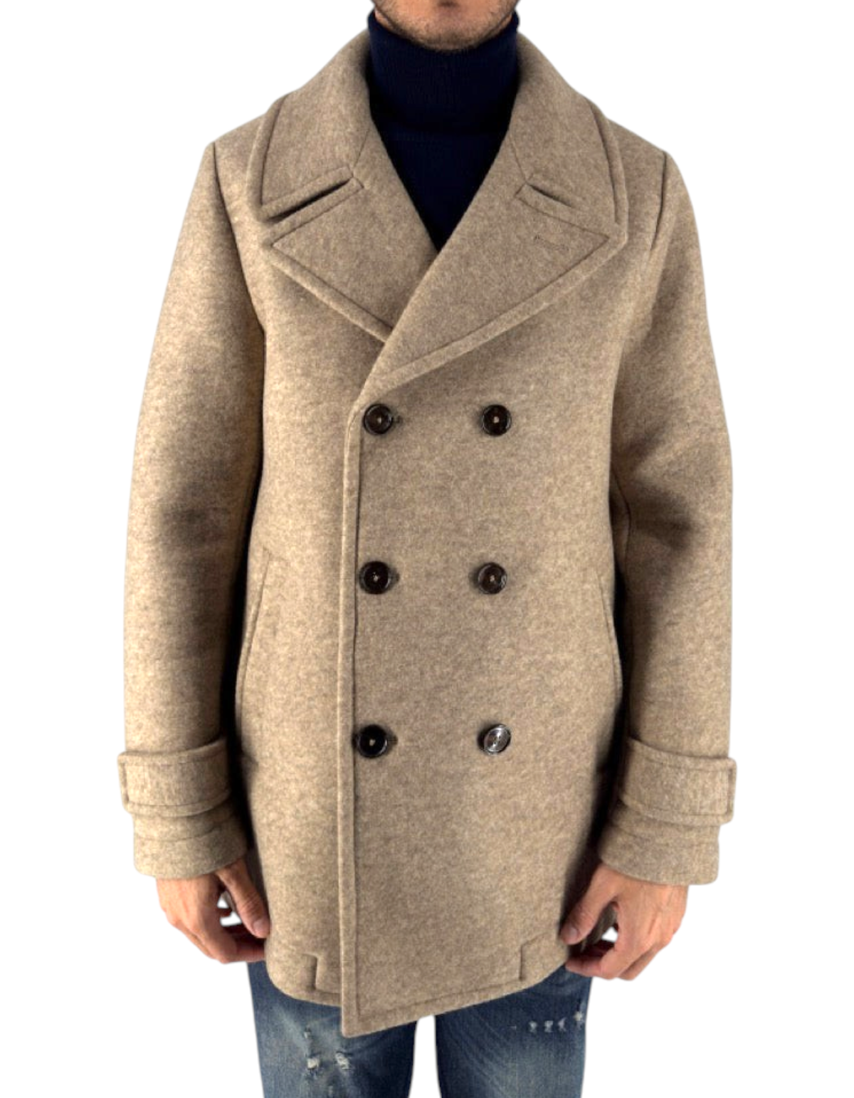 Peacoat Distretto 12 modello Carlos color cacha in lana cotta stretch doppiopetto con vestibilità regular