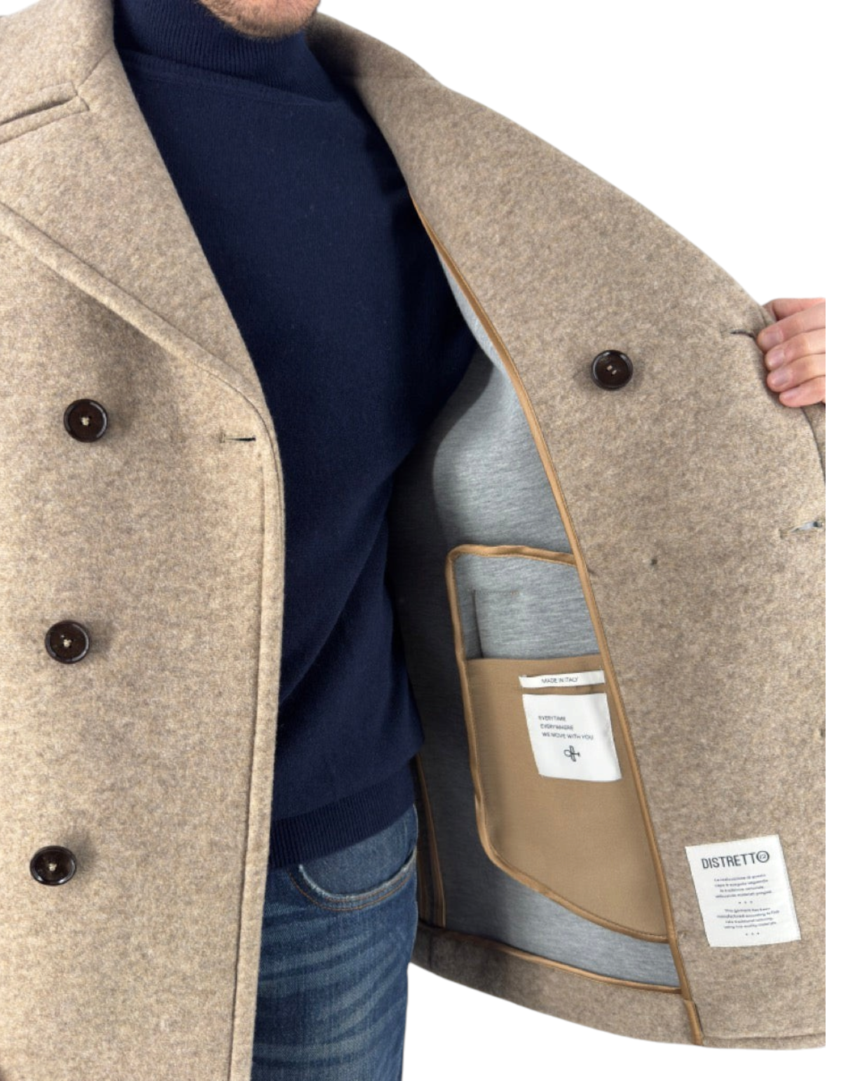 Peacoat Distretto 12 modello Carlos colore Cacha in lana cotta stretch con interno tecnico e chiusura doppiopetto