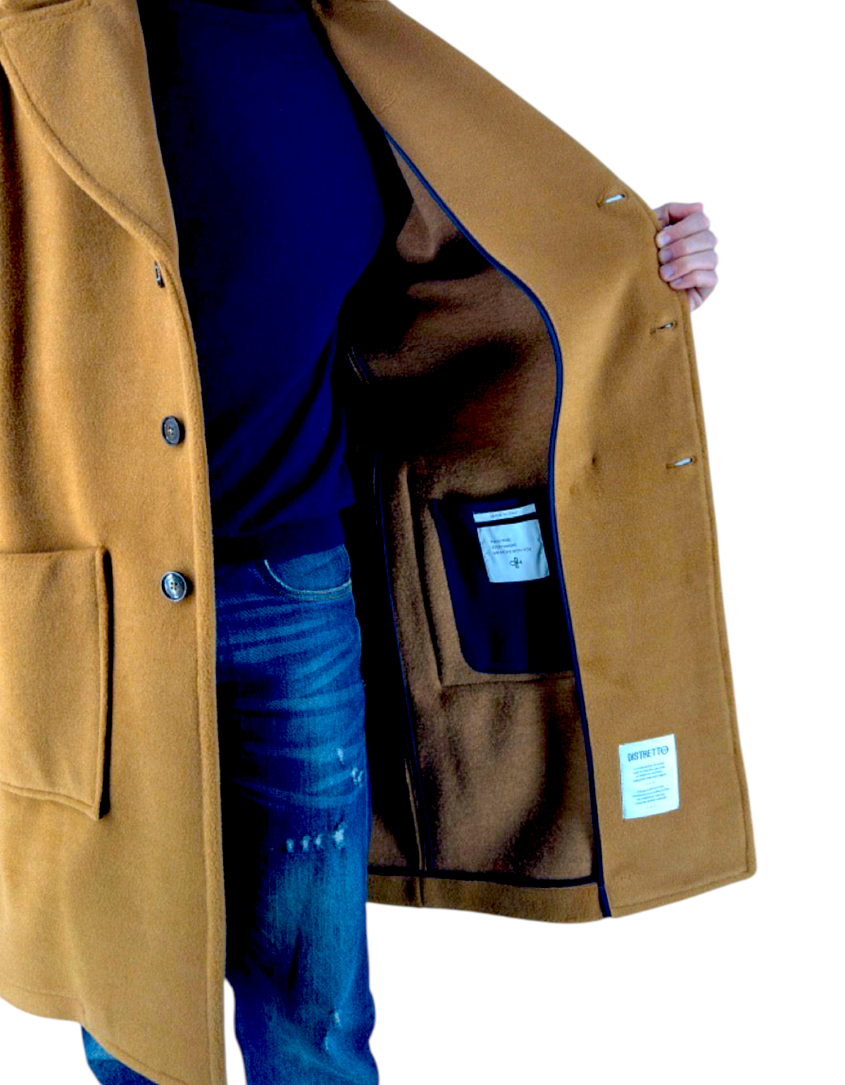 Cappotto over Distretto 12 modello Manchester color cammello in misto lana con tasche ampie e vestibilità sartoriale