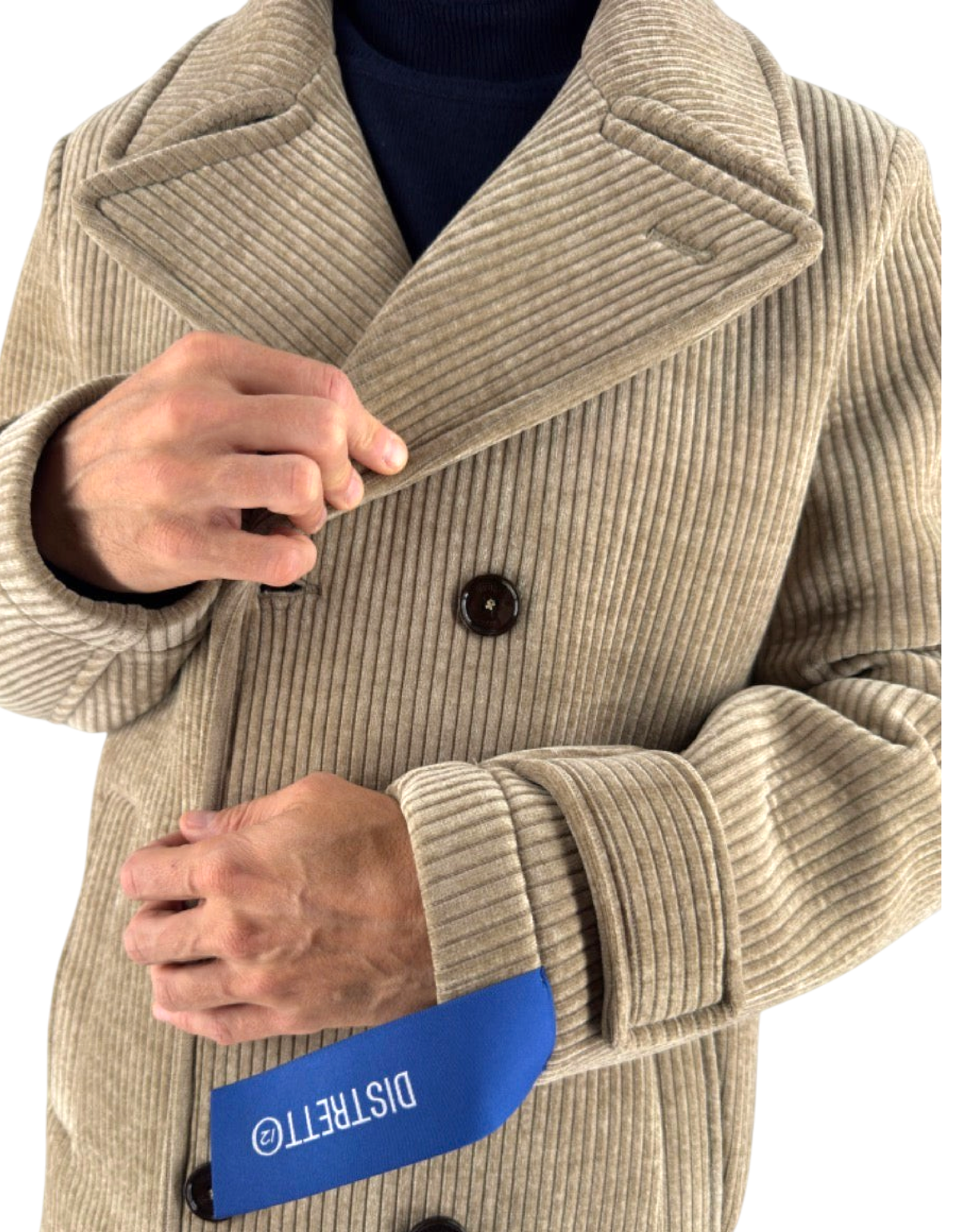 Peacoat Distretto 12 modello Alba in velluto a coste color cacha con chiusura doppiopetto e dettagli sartoriali