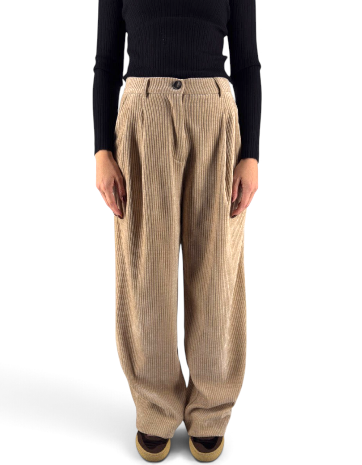 Pantaloni donna Distretto 12 modello Torino in velluto a coste color sabbia con vestibilità regular e vita alta