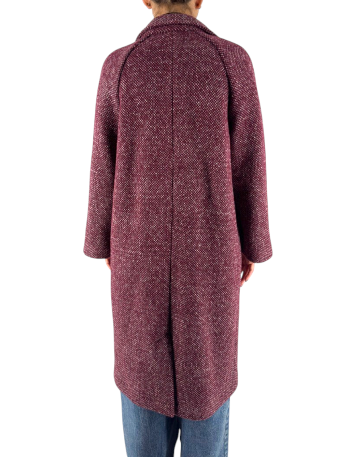 Cappotto oversize Distretto 12 Blasius in misto lana color vino, vista posteriore su modella