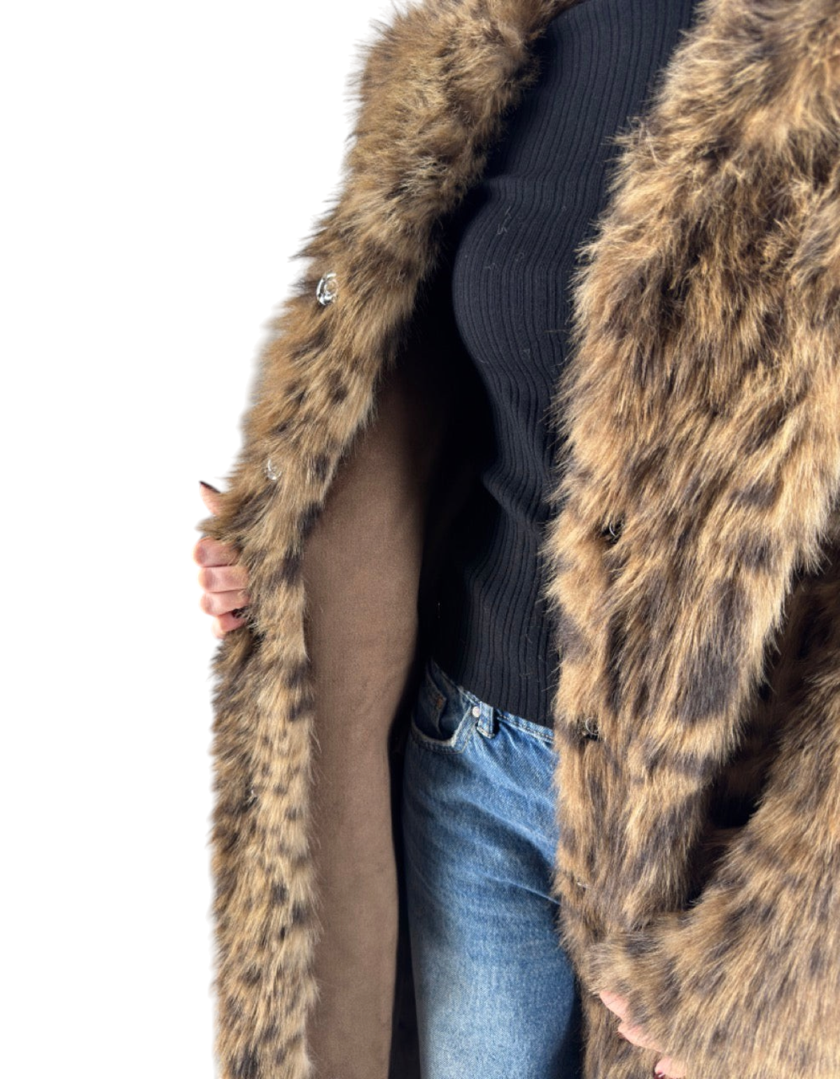 Cappotto lungo reversibile leopardato nocciola in pelliccia sintetica e finitura effetto suede