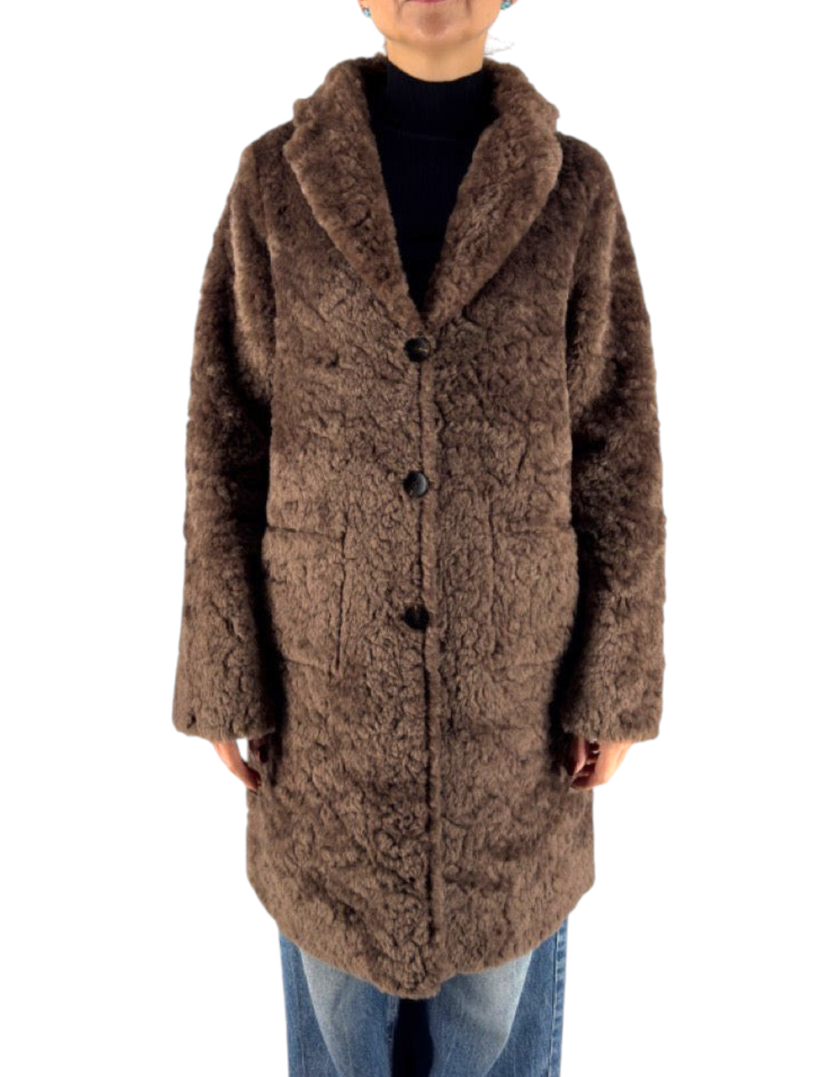 Cappotto reversibile color fango e nocciola in pelliccia sintetica con chiusura a bottoni