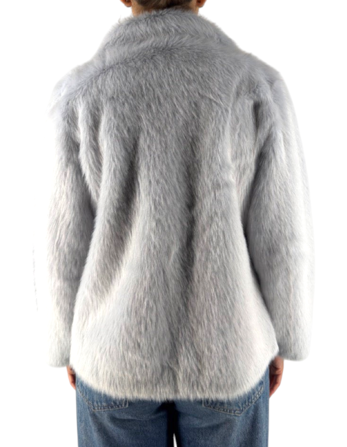 Vista posteriore di una giacca reversibile in pelliccia sintetica color azzurro cielo