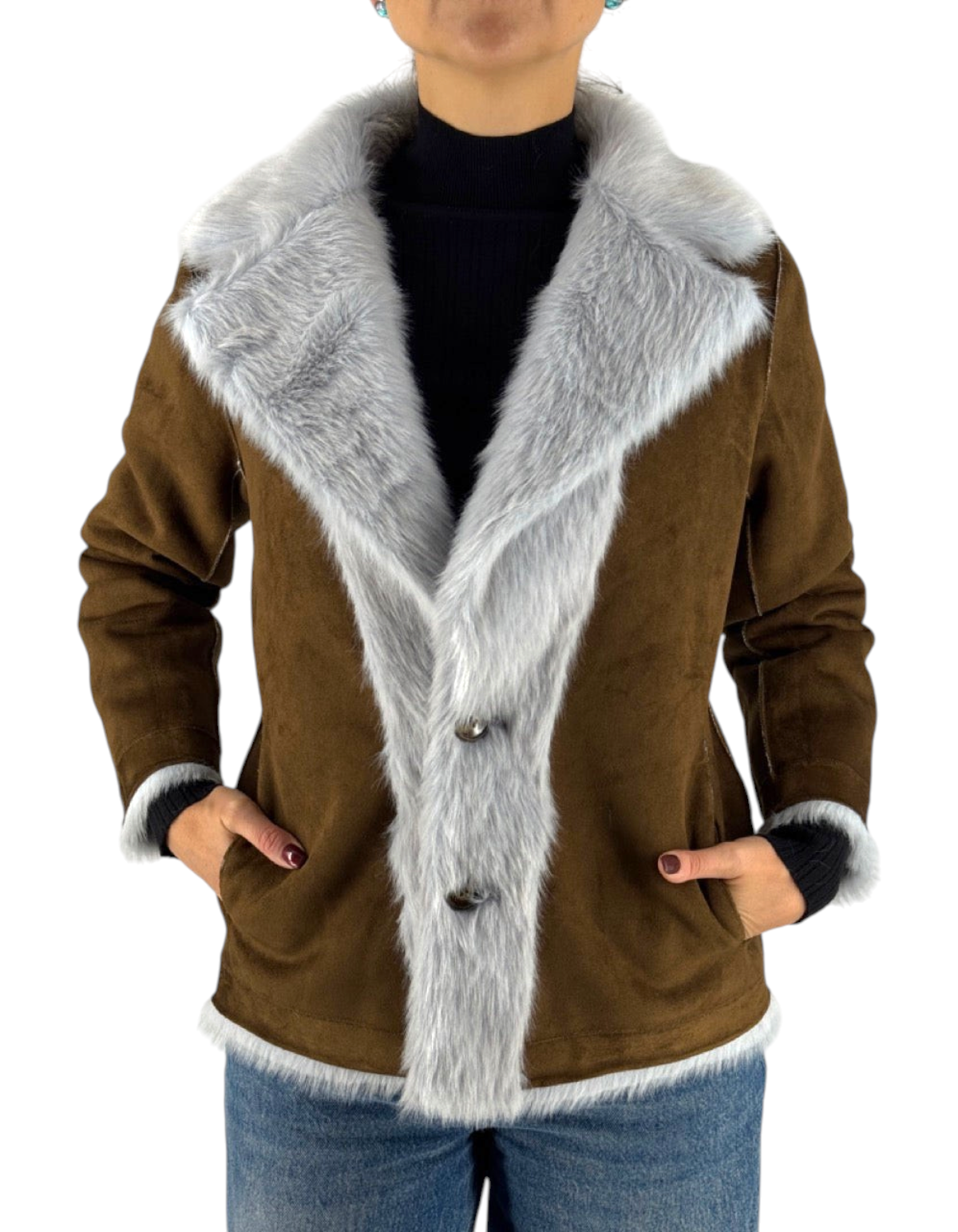 Giacca reversibile color Sky con interno in pelliccia sintetica grigia e esterno marrone effetto suede