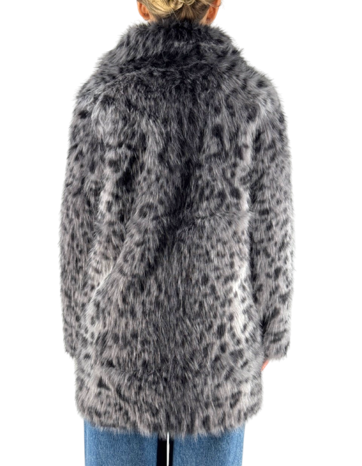 Cappotto reversibile in pelliccia sintetica grigia con stampa leopardata, vista posteriore