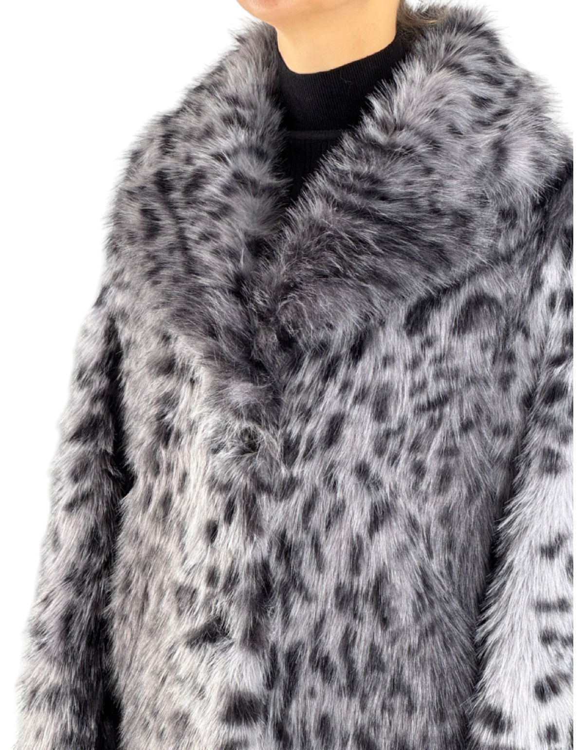 Cappotto reversibile in pelliccia sintetica grigia con motivo leopardato e colletto ampio