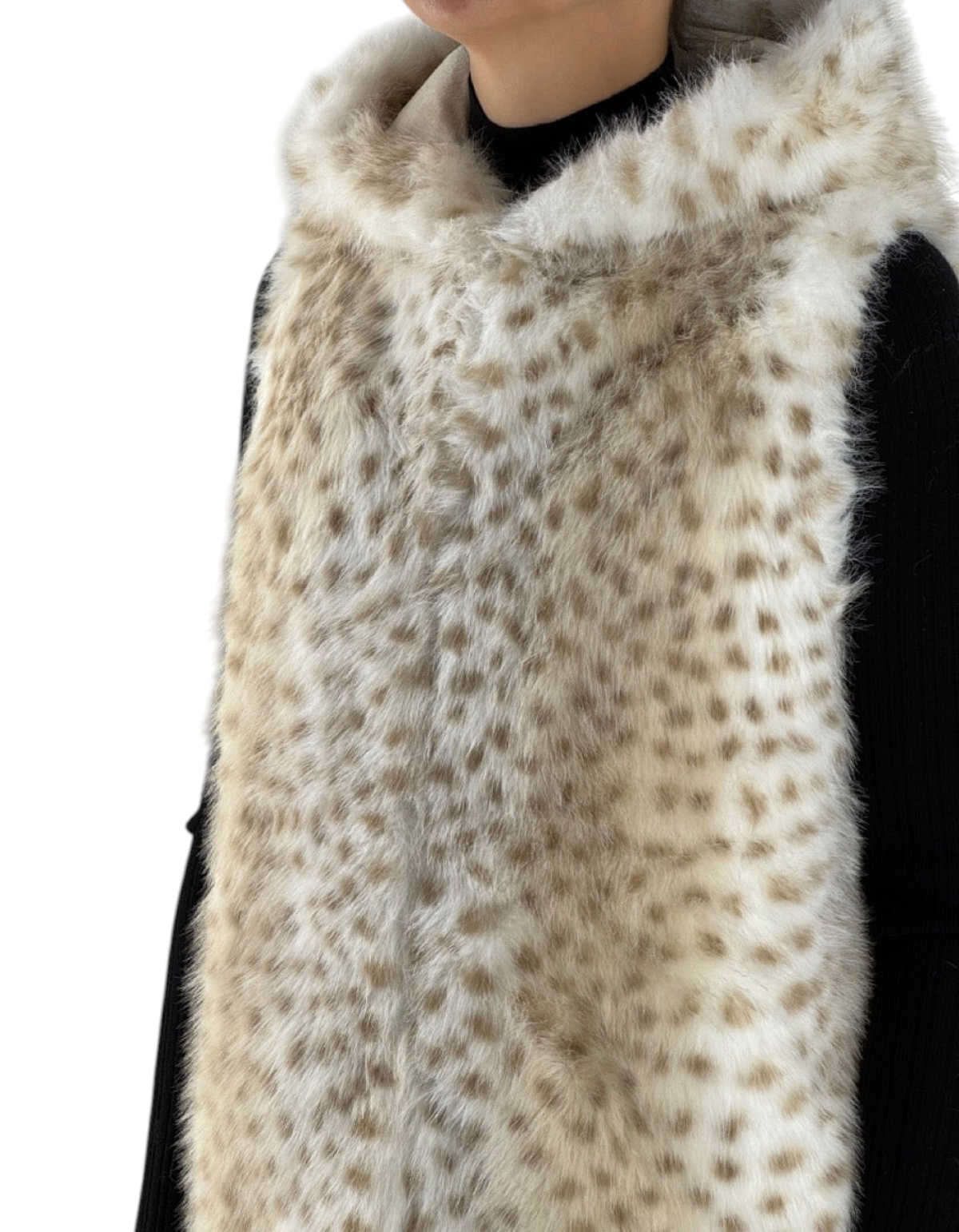 Gilet reversibile con cappuccio in ecopelliccia maculata color Lynx su maglia nera