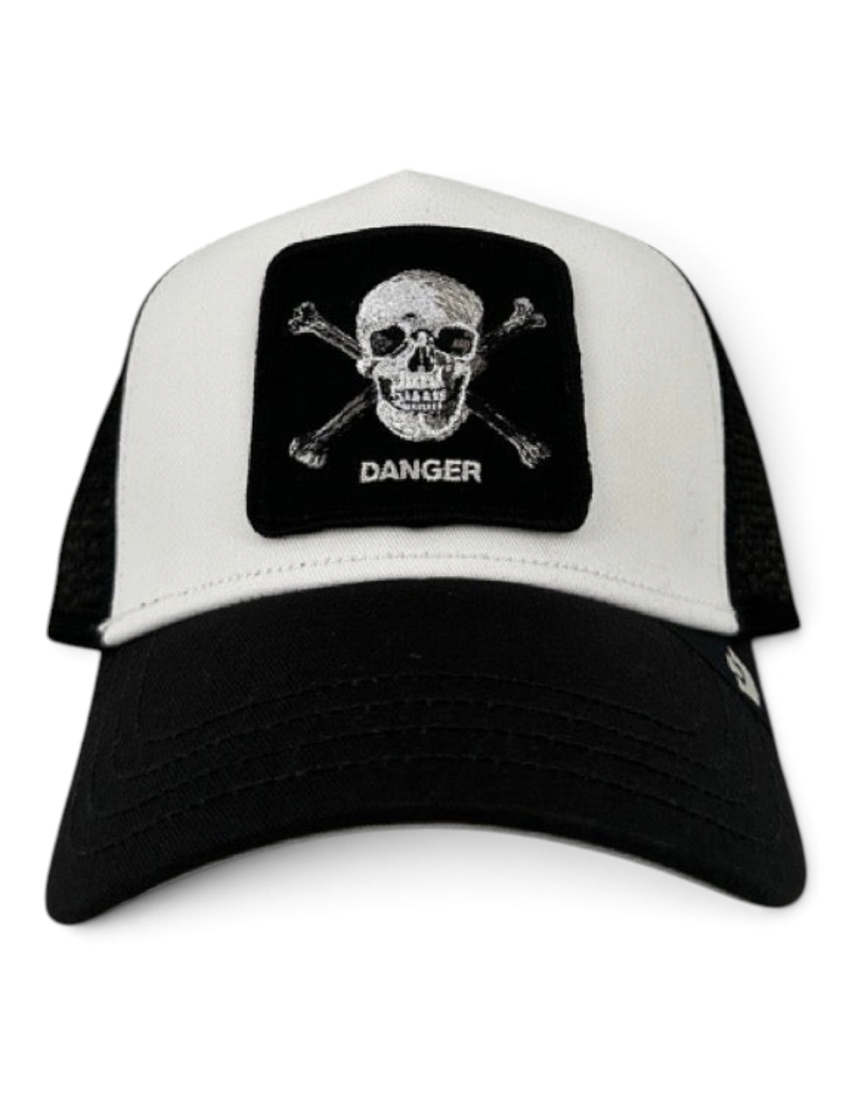 Cappellino trucker DevidLabel Goorin Bros Danger Skull And Crossbones in colore dust con patch teschio e rete nera