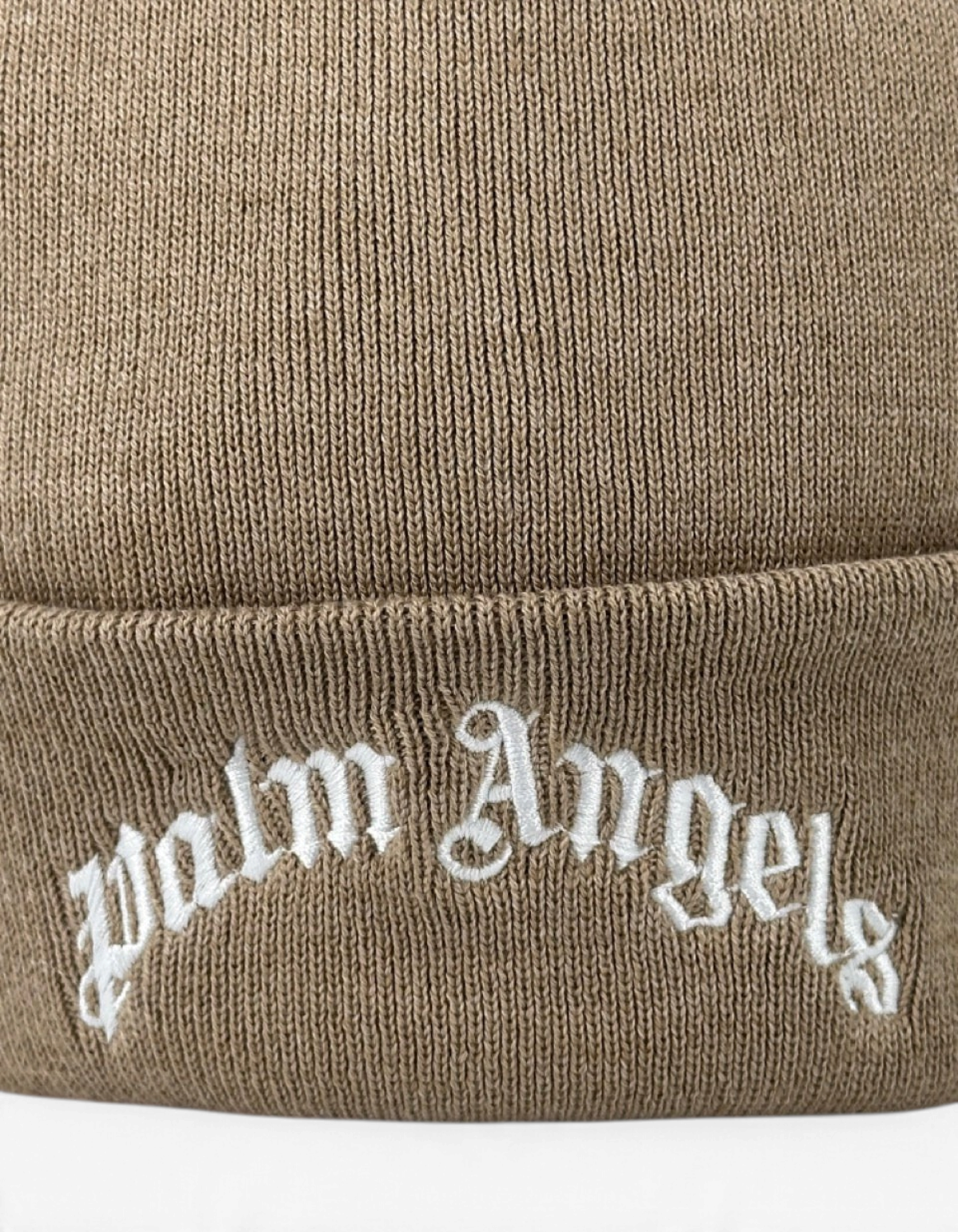 Berretto beanie Palm Angels color kaki in misto cotone con logo ricamato bianco sul risvolto