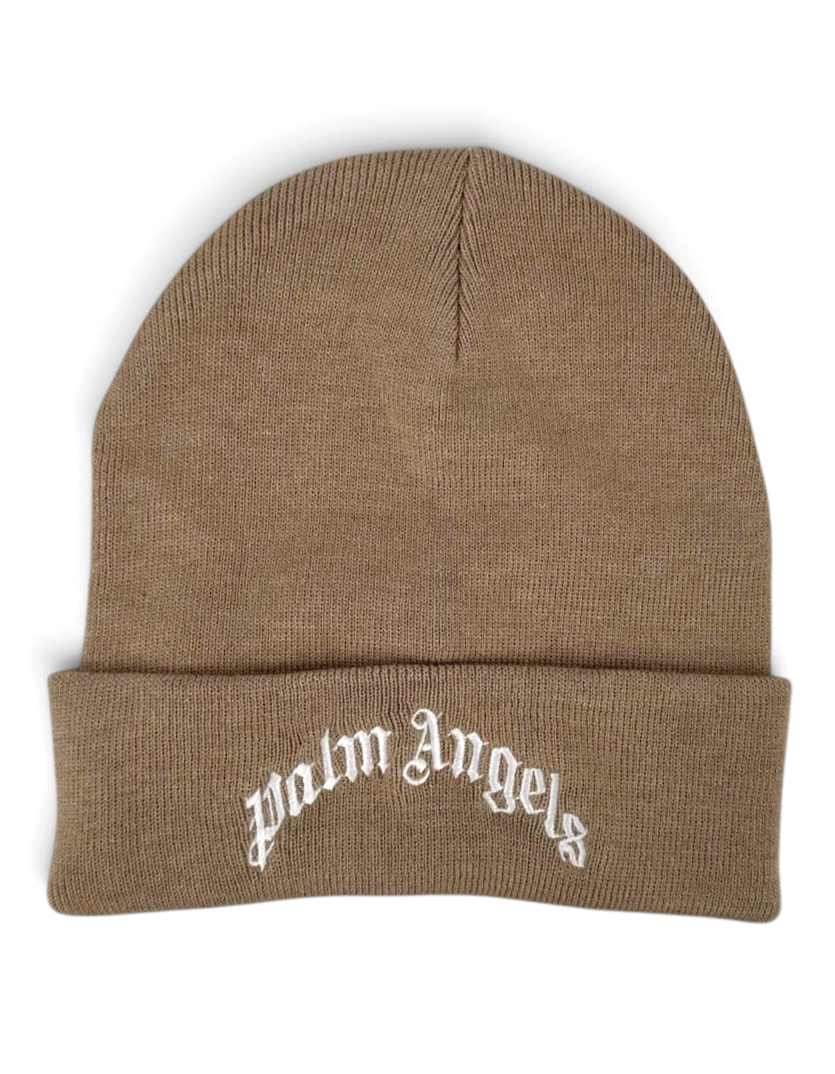 Berretto beanie color kaki in misto cotone con logo Palm Angels ricamato sul risvolto