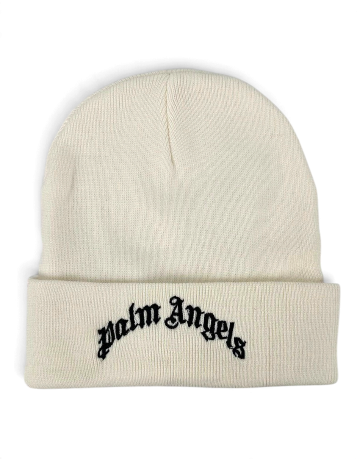 Berretto beanie Palm Angels bianco in misto cotone con logo ricamato nero sul risvolto