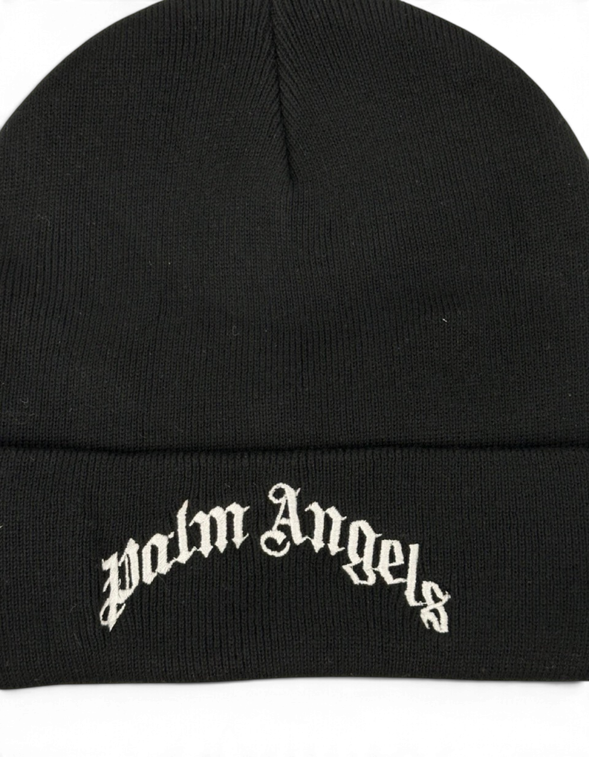 Berretto beanie nero in misto cotone con logo Palm Angels ricamato in bianco sul risvolto