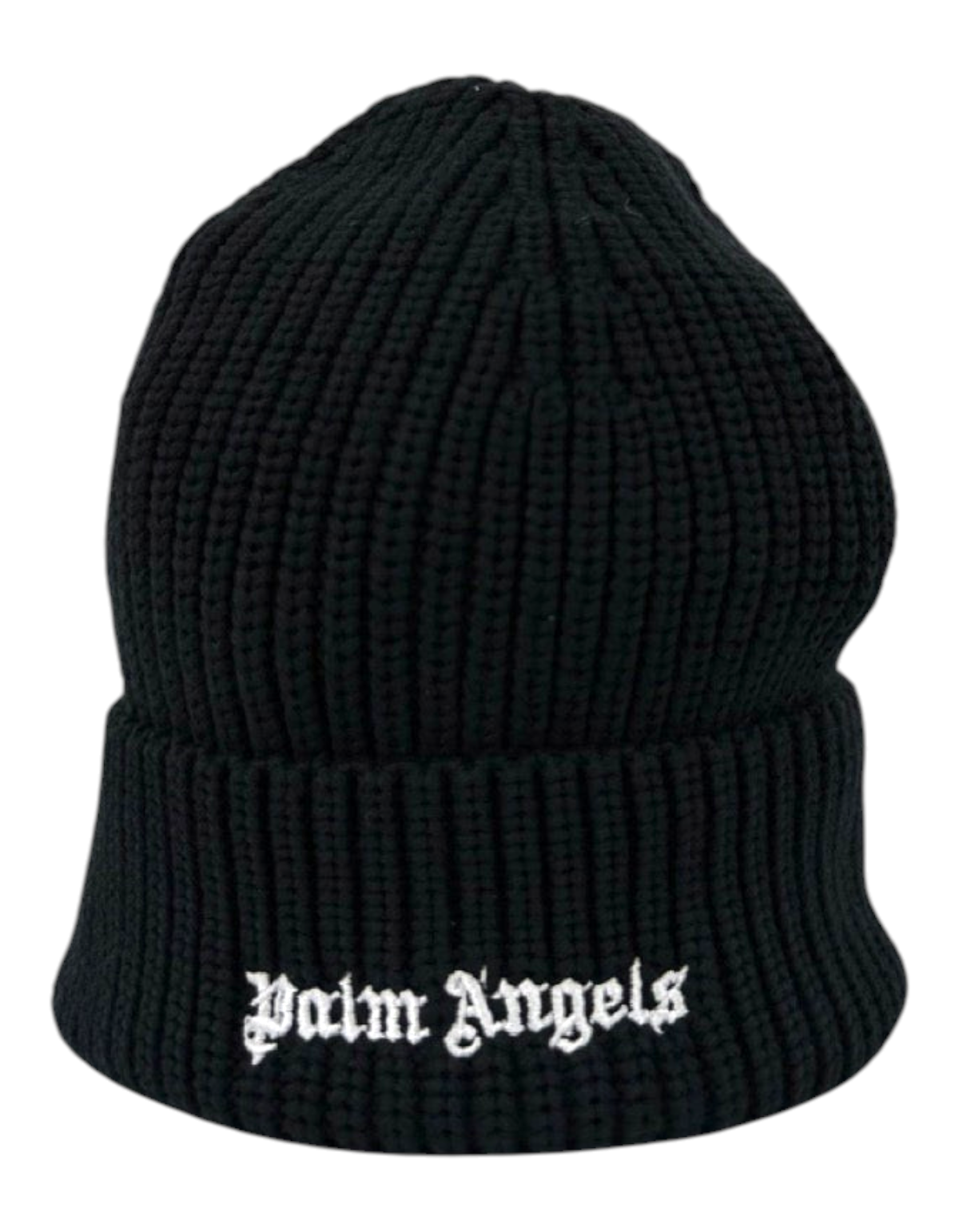 Berretto beanie nero in misto cotone con logo Palm Angels ricamato in bianco sul risvolto