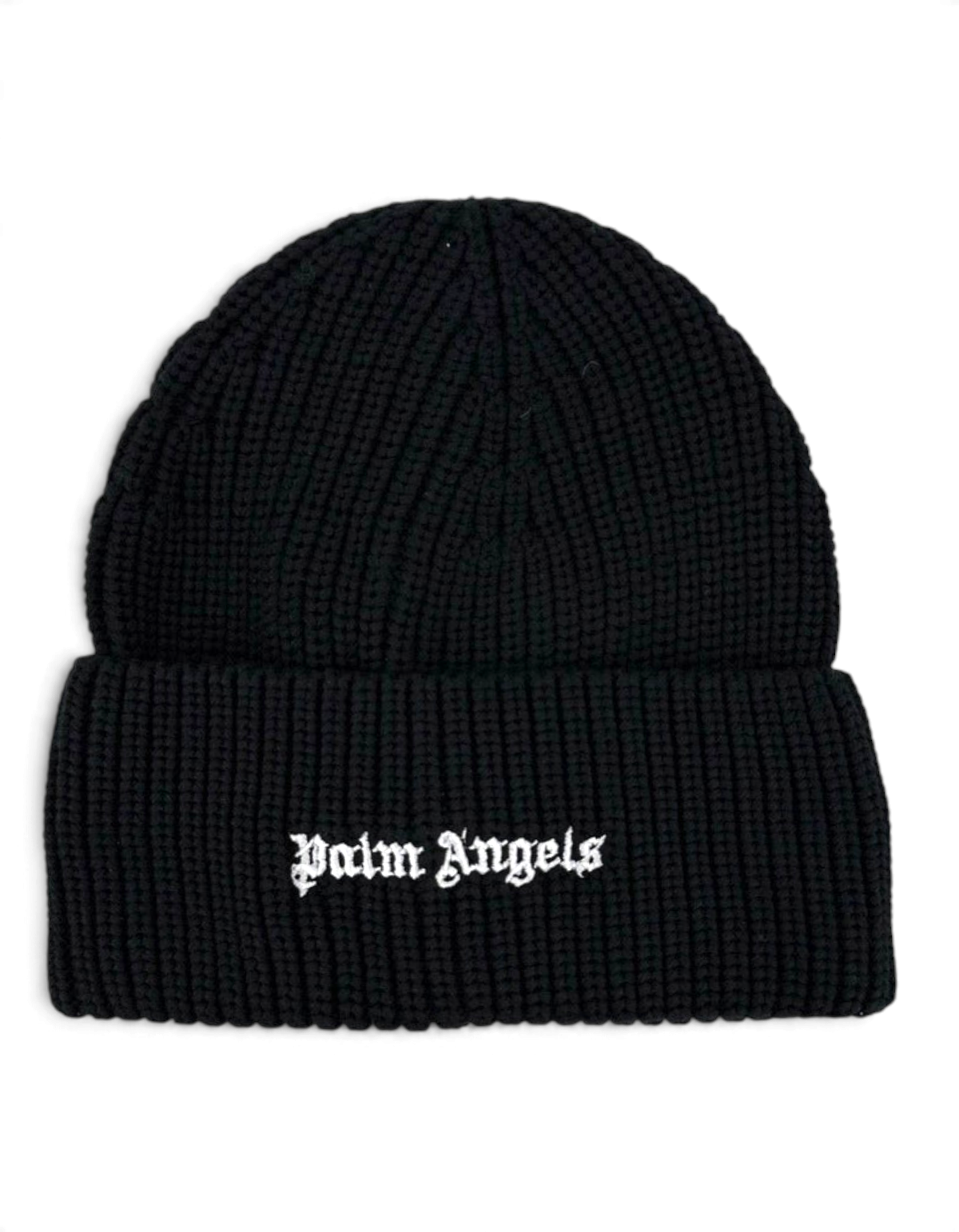 Berretto beanie nero Palm Angels in misto cotone con logo ricamato bianco sul risvolto