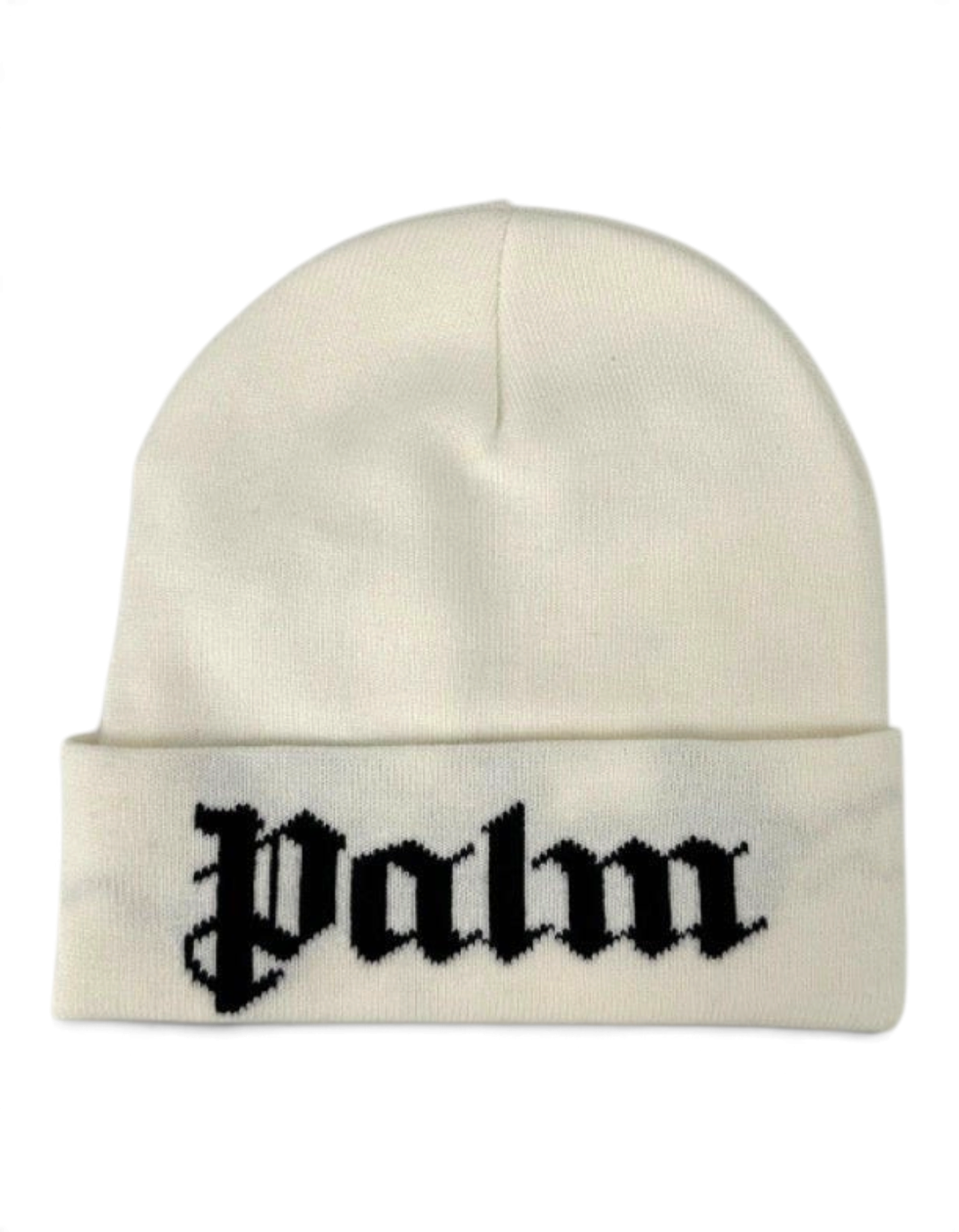 Berretto beanie bianco in misto cotone con logo Palm Angels nero ricamato sul risvolto
