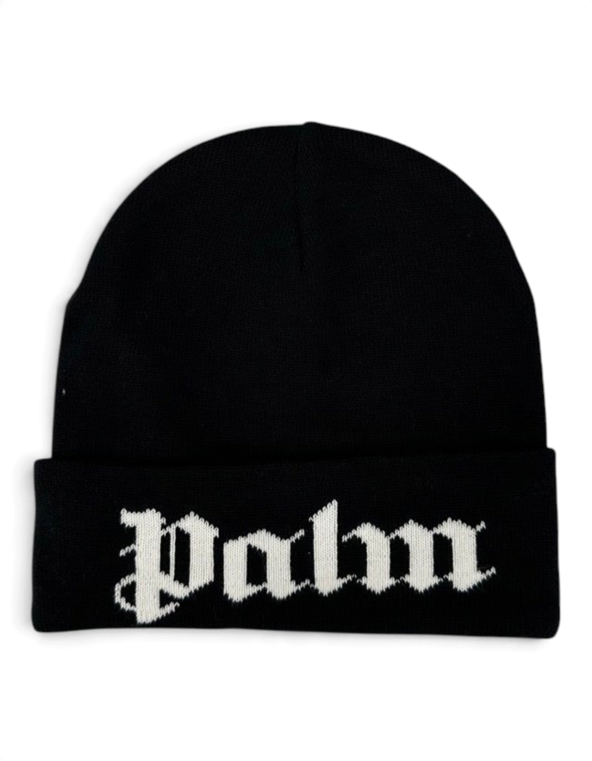 Berretto beanie nero Palm Angels in misto cotone con logo bianco a contrasto sul risvolto