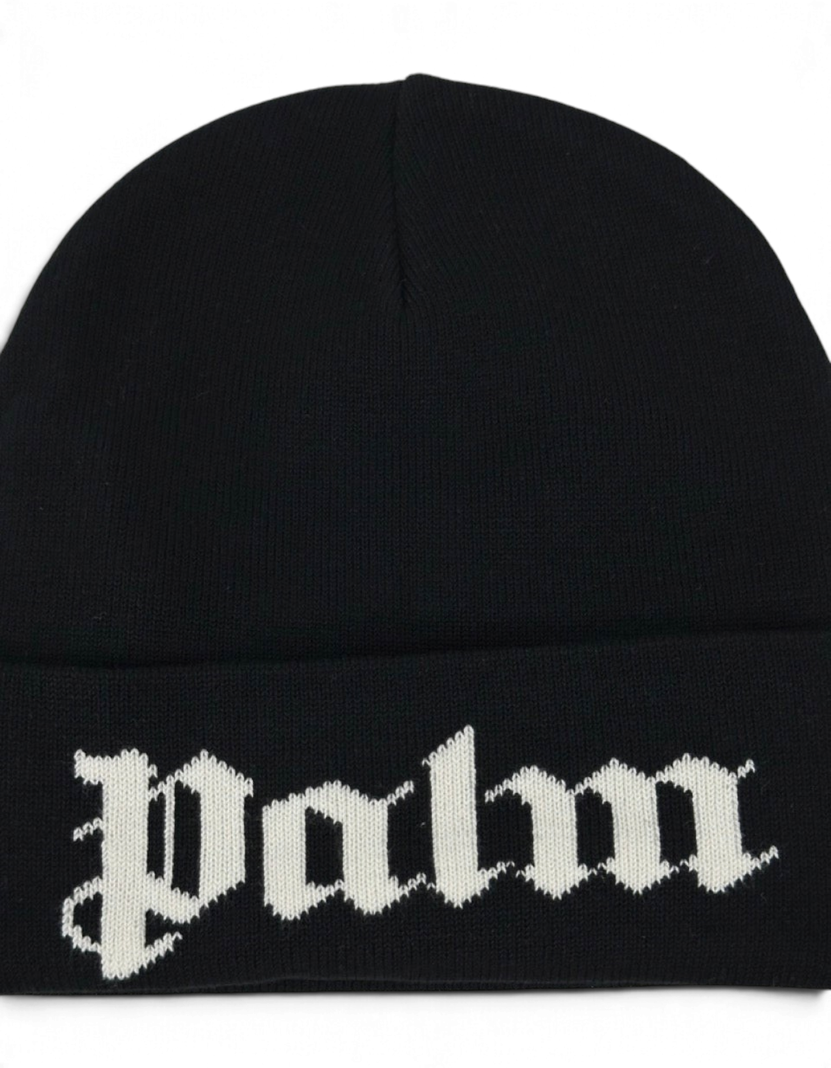 Berretto beanie nero in misto cotone con logo Palm Angels bianco a contrasto sul risvolto