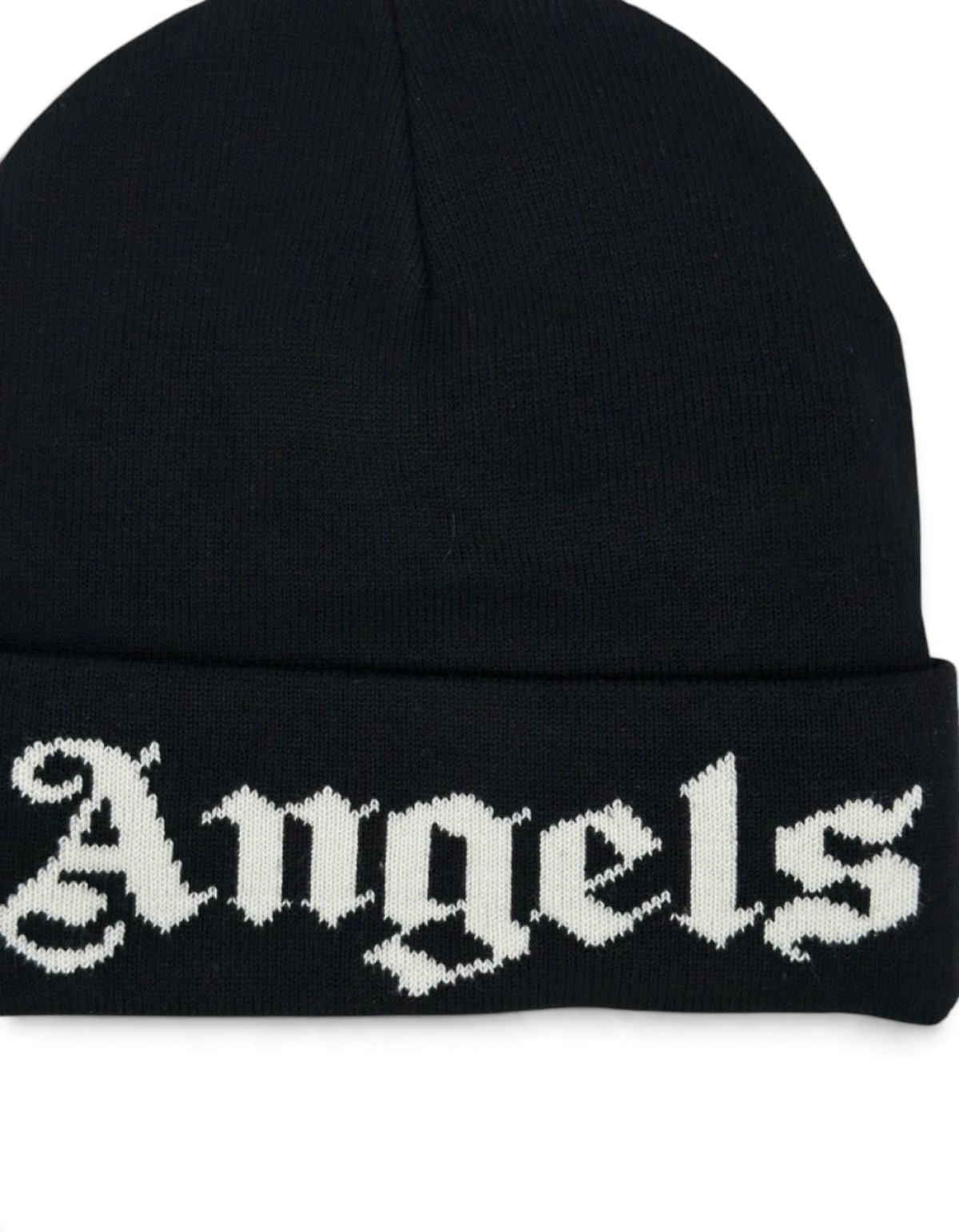 Berretto beanie Palm Angels nero in misto cotone con logo Angels bianco a contrasto sul risvolto