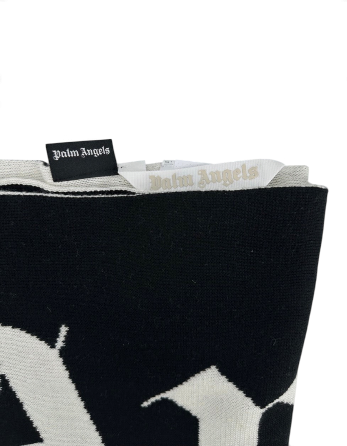 Sciarpa unisex Palm Angels modello Z1147 in cotone e acrilico nero con logo bianco a contrasto