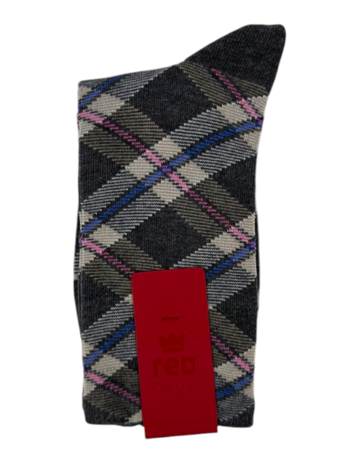 Calze donna Red Sox Appeal in cotone grigio scuro con motivo tartan e dettagli rosa e blu