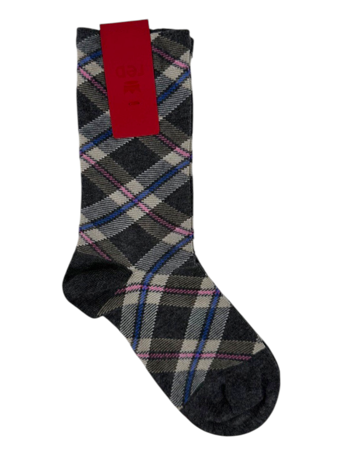 Calze donna Red Sox Appeal in cotone grigio scuro con motivo tartan e dettagli a righe rosa e blu