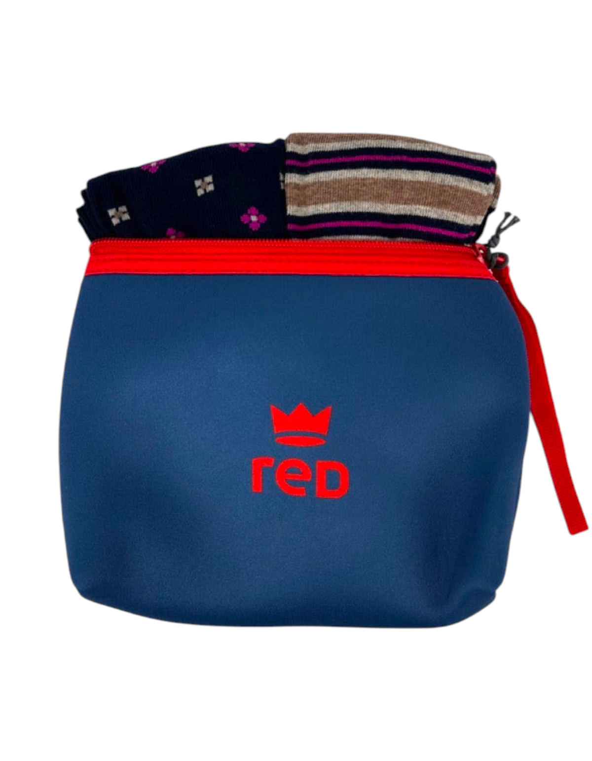 Set di 2 paia di calze Red Sox Appeal con motivi a cravatta e righe, riposte in una custodia blu con zip rossa.
