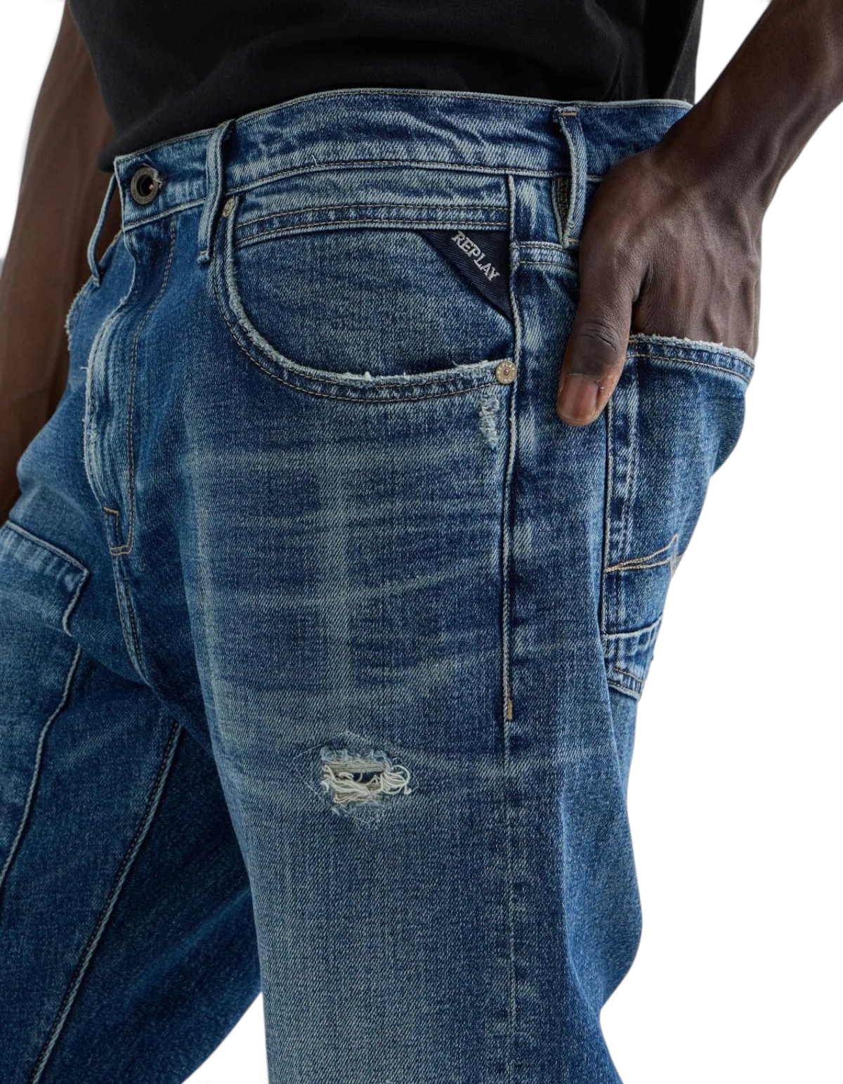 Jeans DevidLabel Aideen straight-fit in denim blu medio con dettagli consumati e logo Replay sulla tasca