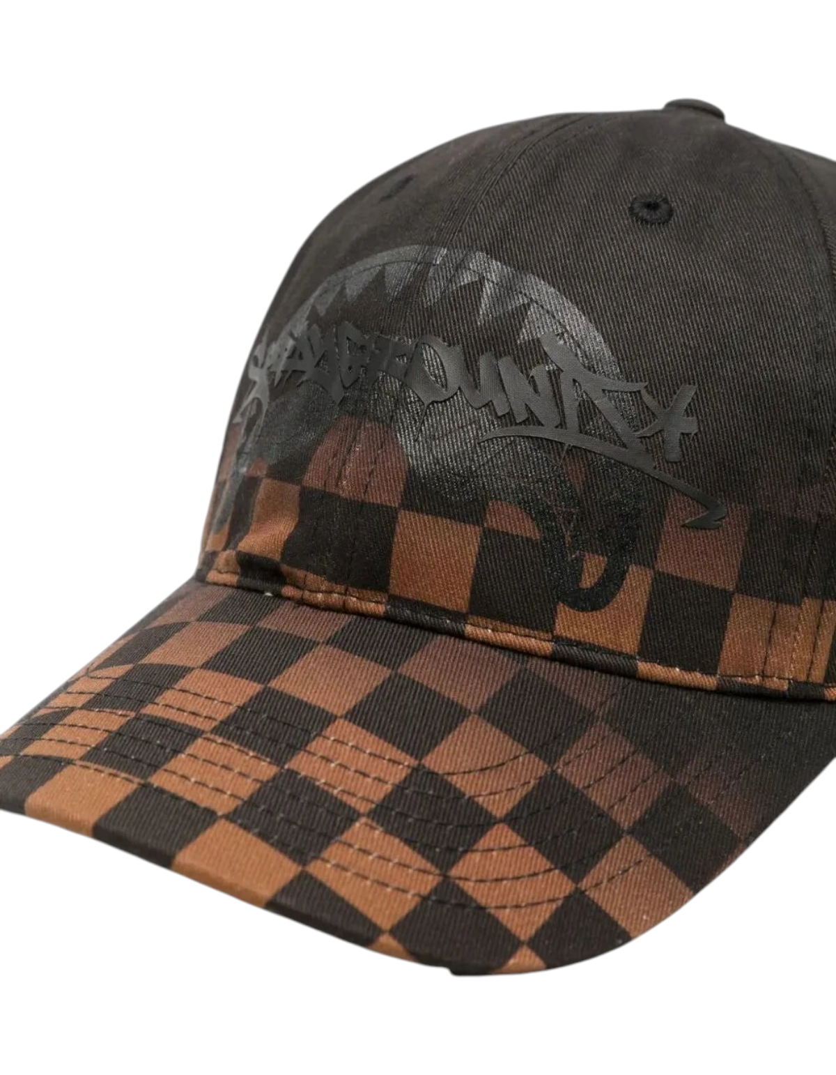 Cappellino DevidLabel Sprayground in cotone nero e marrone con motivo a scacchi e logo shark mouth