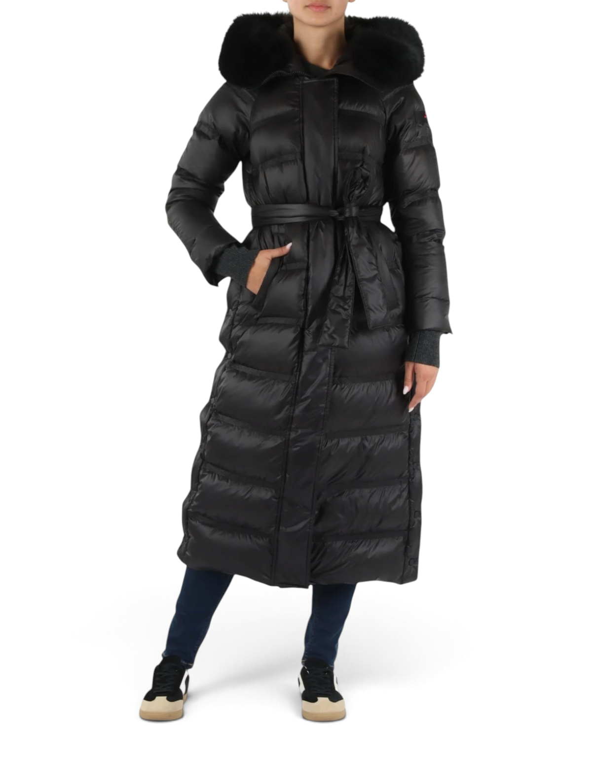 Parka lungo nero DevidLabel Takan MQN 05 con cappuccio in pelliccia e cintura in vita per donna