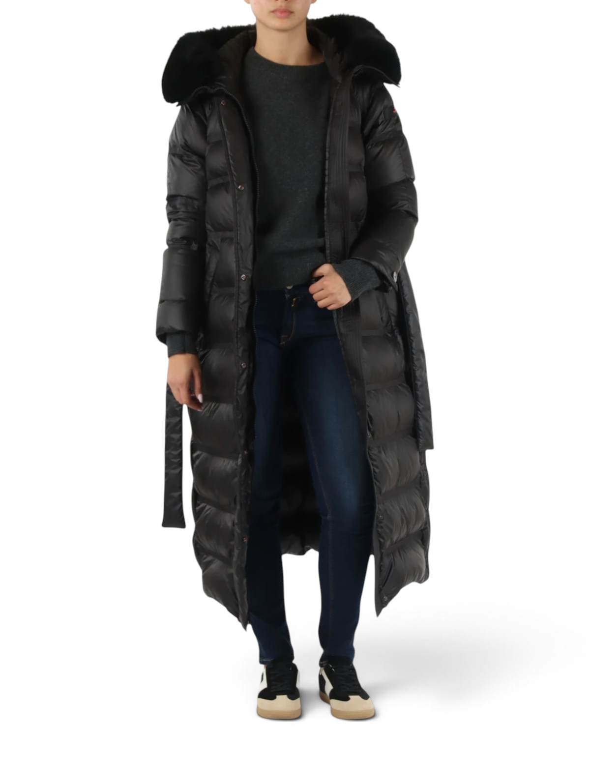 Parka lungo nero DevidLabel Takan MQN 05 con cappuccio in pelliccia, ideale per l'inverno