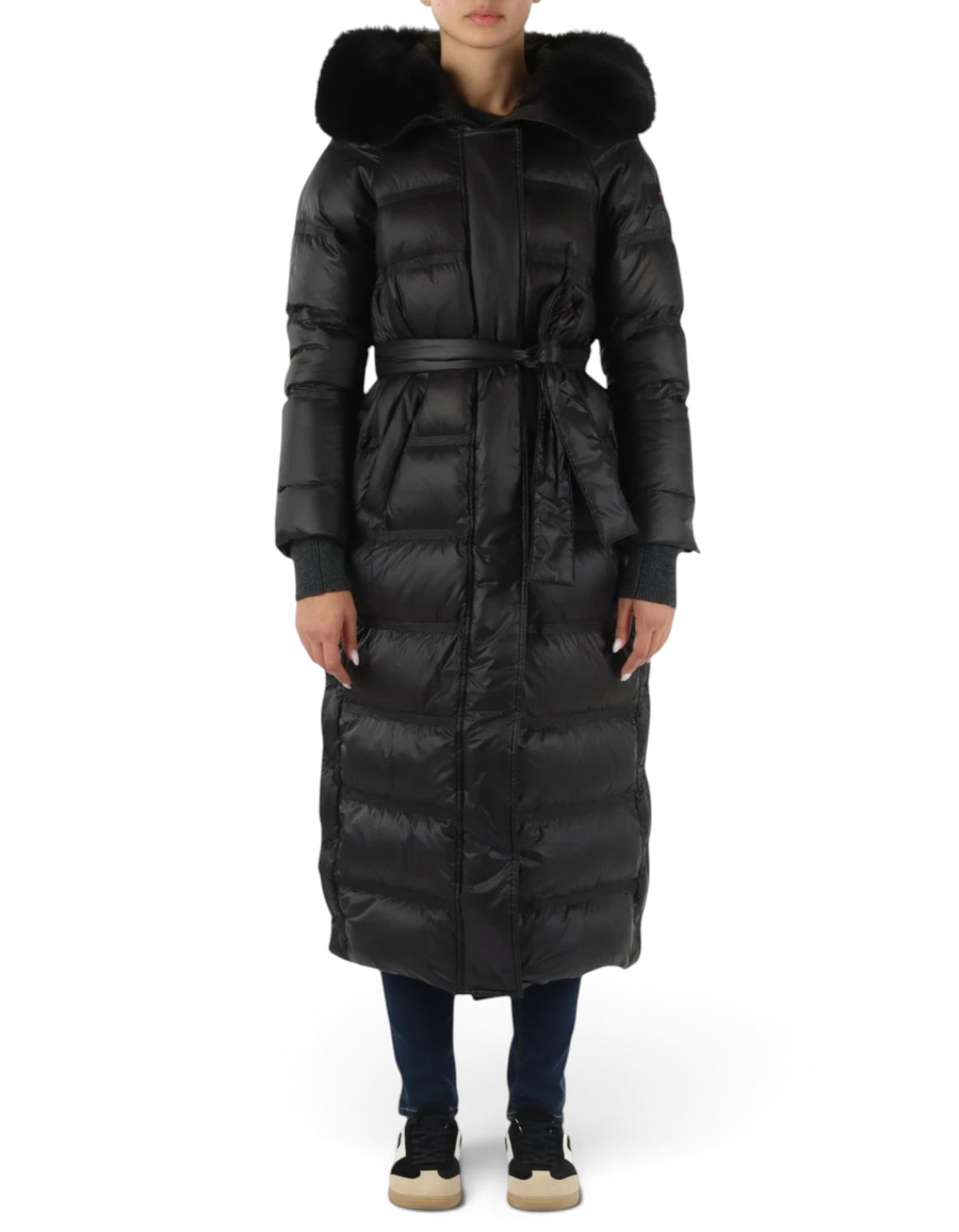 Parka lungo da donna DevidLabel Peuterey Takan nero con cintura in vita e cappuccio bordato in pelliccia