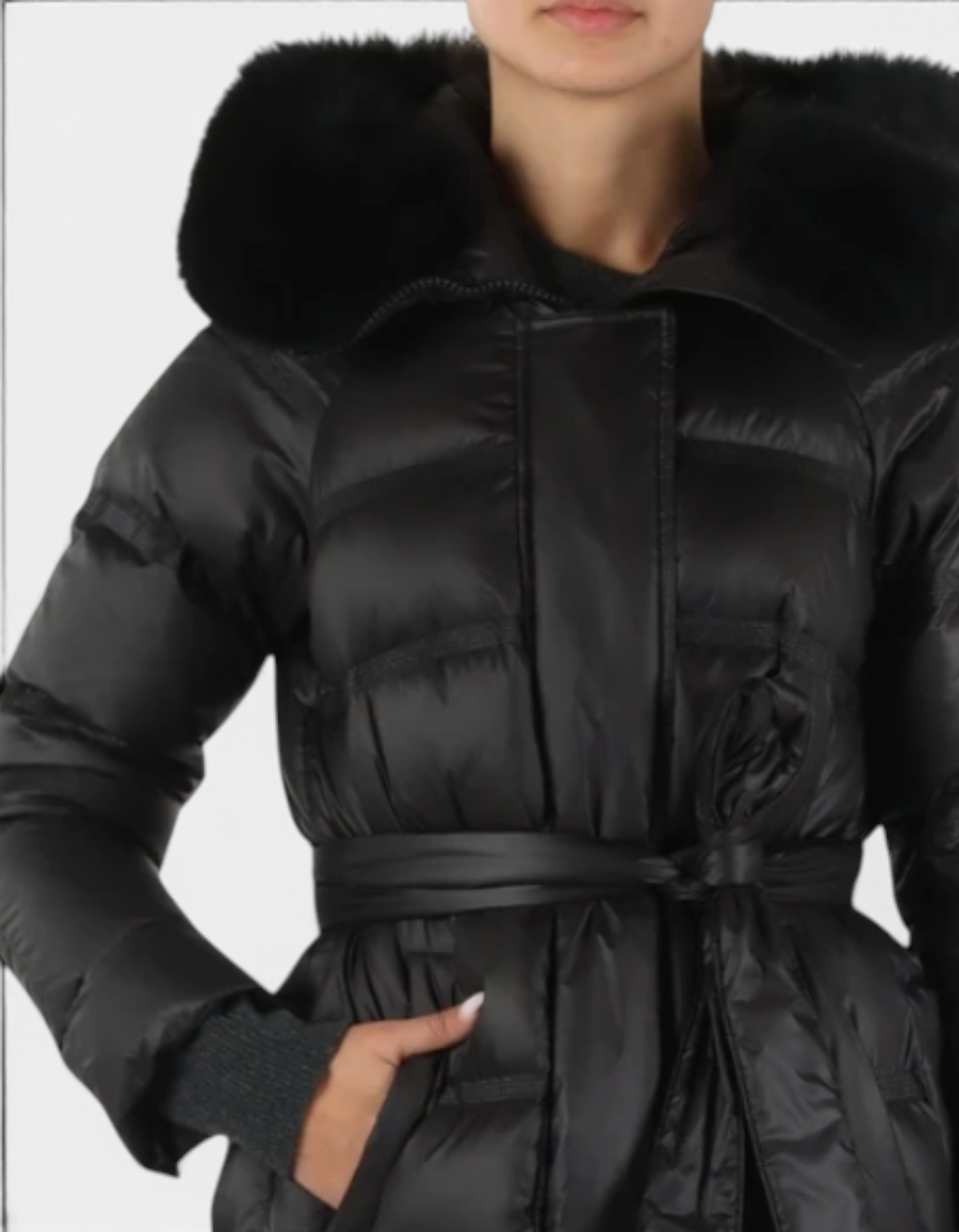 Parka lungo nero DevidLabel Takan MQN 05 con cappuccio in pelliccia e cintura in vita per donna