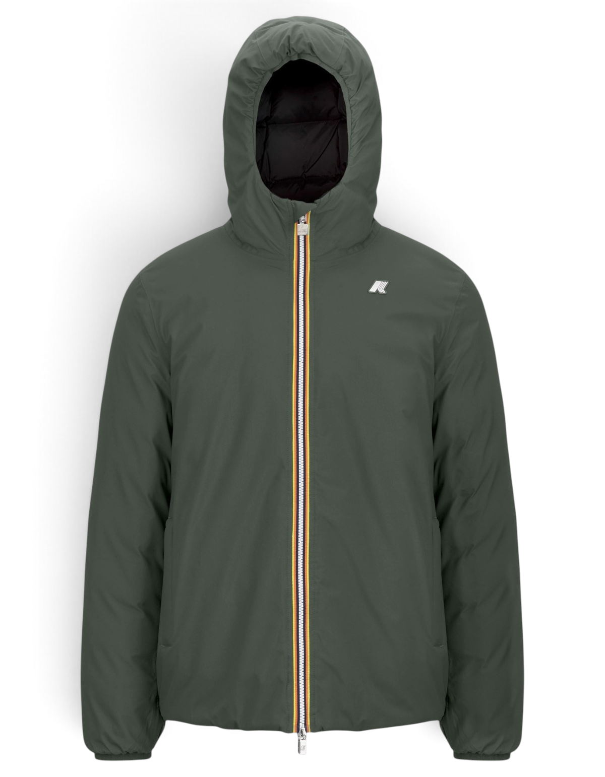 Giacca K-Way Jack ST Thermo Double DevidLabel verde scuro e nera con cappuccio e zip frontale iconica